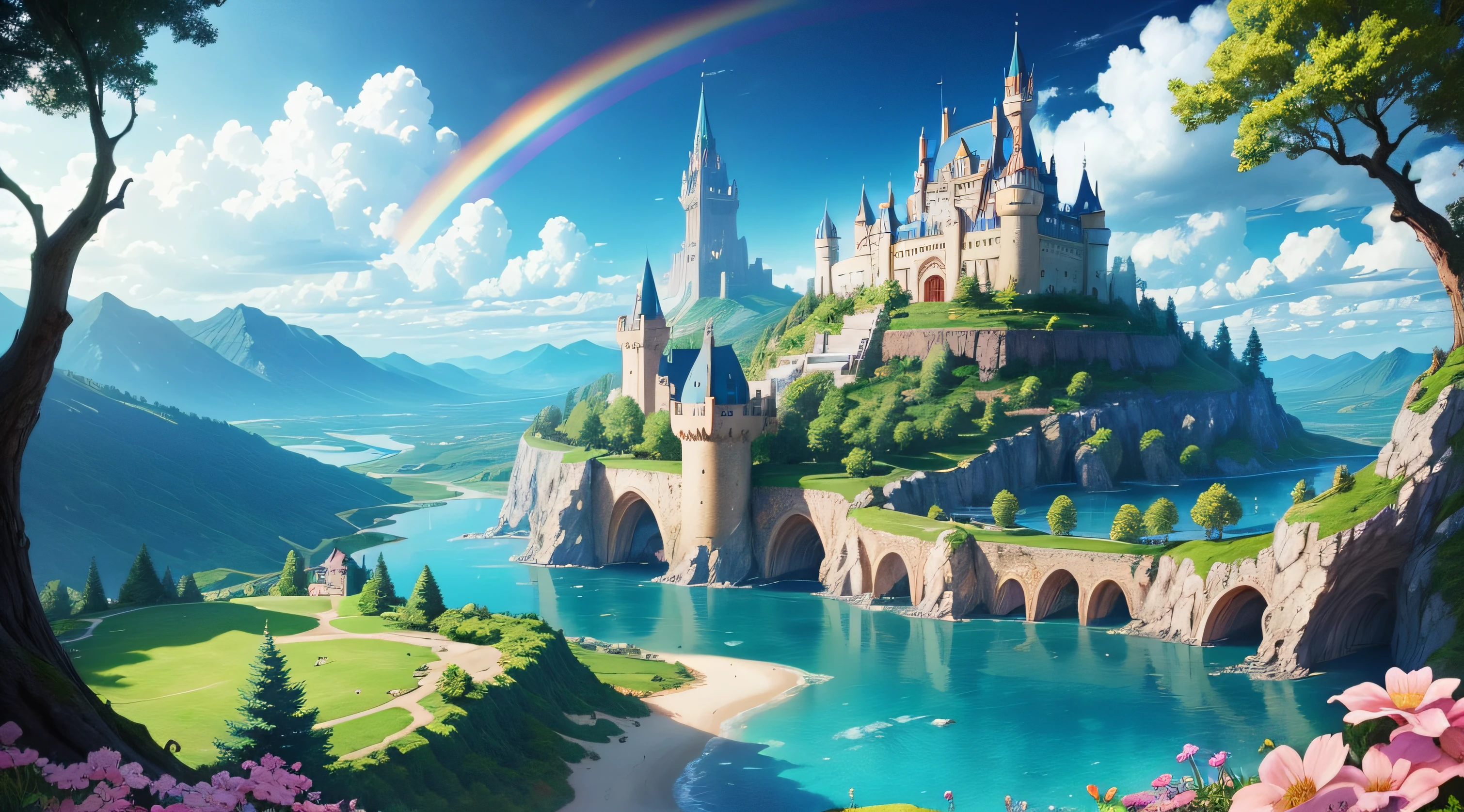 beautiful view of fairy tail land, dragons, castle, trees, water, rainbow, flowers, blue sky, beautiful view, eye catching, view from far, dragons looks cute