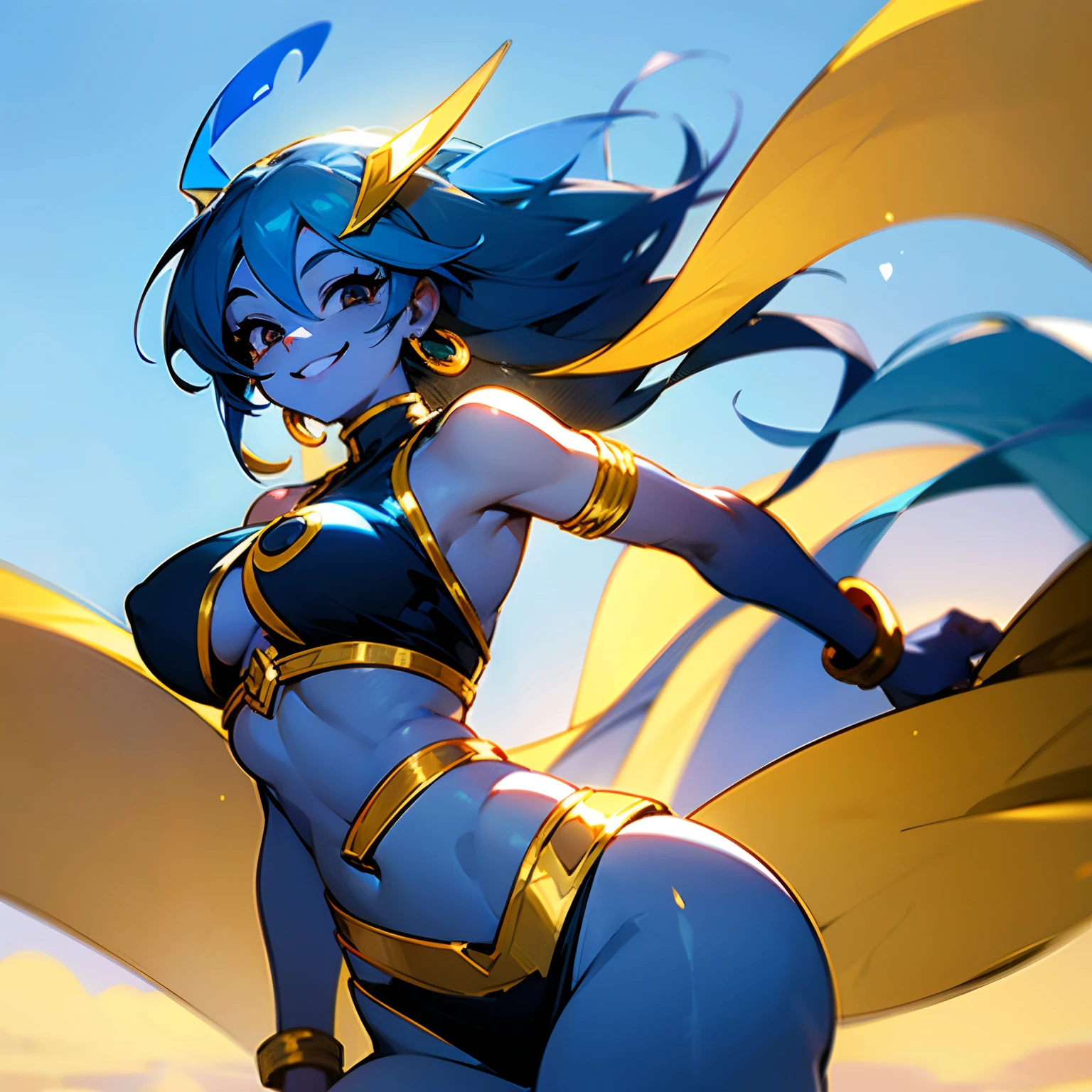 1female , blue skin , blue hair , golden bracelets , windy sky background , smiling , golden jewelry , thick build , Djinn, genie , black eyes , big boobs
