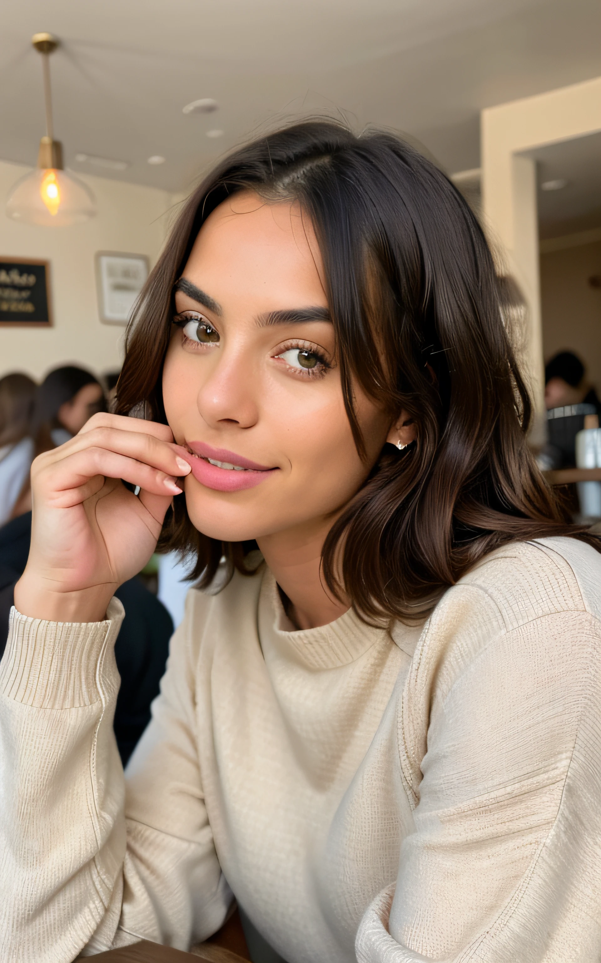 Beautiful brunette with blonde highlights in a beige sweater (in a café drinking soft drinks), muy detallado, 22year old, cara inocente, cabello ondulado natural, ojos azules, High resolution, obra maestra, La mejor calidad, Intrincado alto detalle, Altamente detallado, foco nítido, Piel detallada, textura realista de la piel, textura, ojos detallados, profesional, 4k, sonrisa encantadora, filmado en Canon, 85 mm, poca profundidad de campo, Kodak Vision Color, Cuerpo de ajuste perfecto, extremadamente detallado, Cinematographer_\(ultra\), photoreallistic, Realstic, Postproceso, Maximum details, aspereza, vida real, ultra realista, fotorrealismo, Cinematographer, 8k UHD, Cinematographer