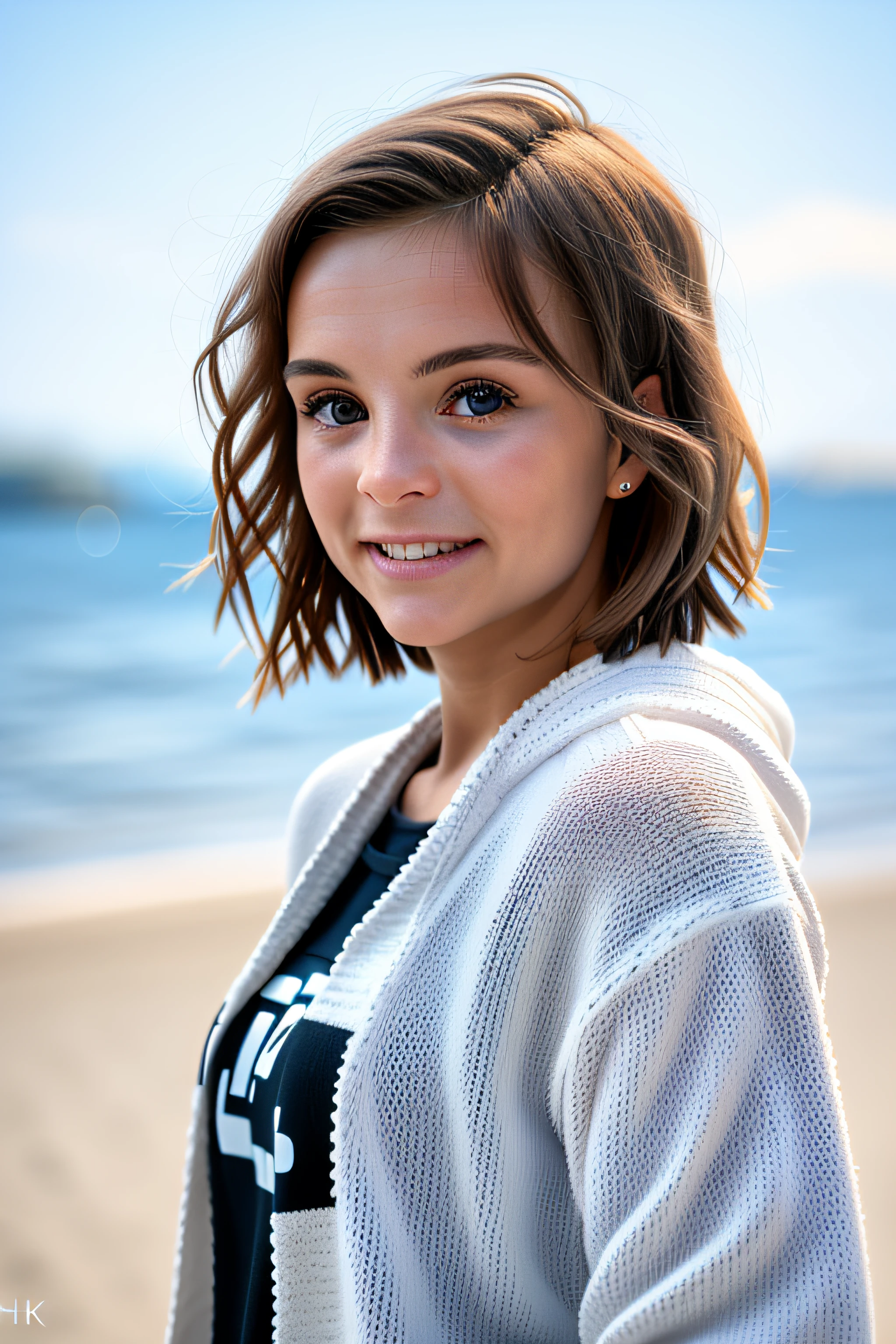 a woman, white sweater, midnight at the beach, perfect face, clear eyes, perfect day, close up, waves in background, [smiling:0.5], 8k, uhd, raw, fujifilm xt3, masterpiece