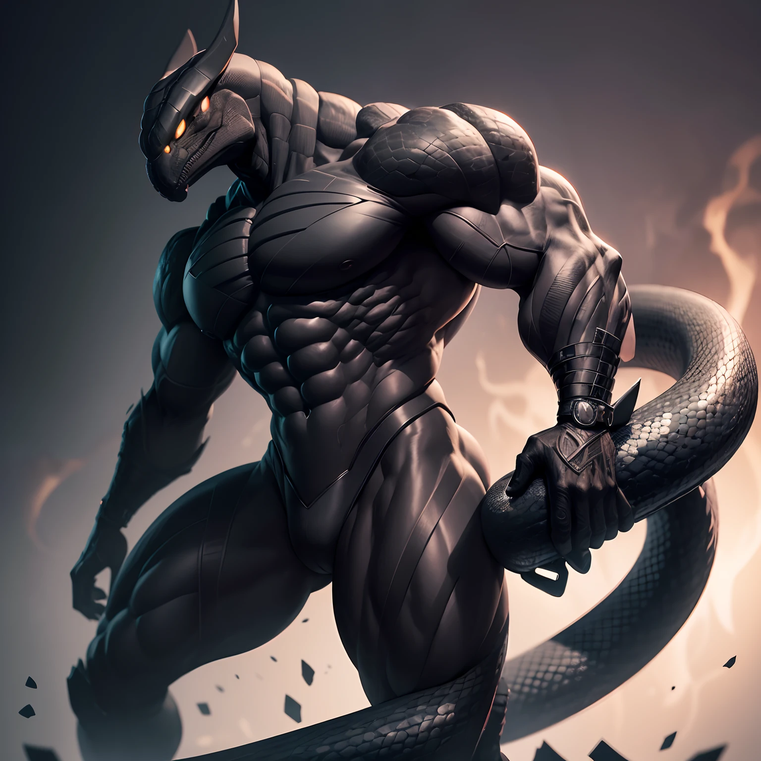 Humanoid  snake muscled ,  with a snake's head black with  a tail with 2 huge arms ,  in suit with a tie , full body