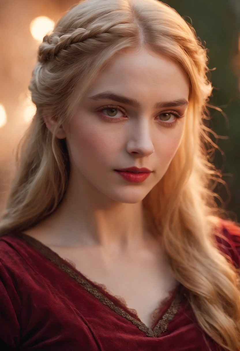 (((A deep red wound streaked across her left cheek))) Fair complexion, A woman around 19 years old, Natural yellow hair, Unique green eyes, Wear Cole, Slender and graceful, Beautiful, Candlelight in a medieval setting, super sharp focus, realistic lens, Medieval women's clothing, Four colors (Scar:1.4)