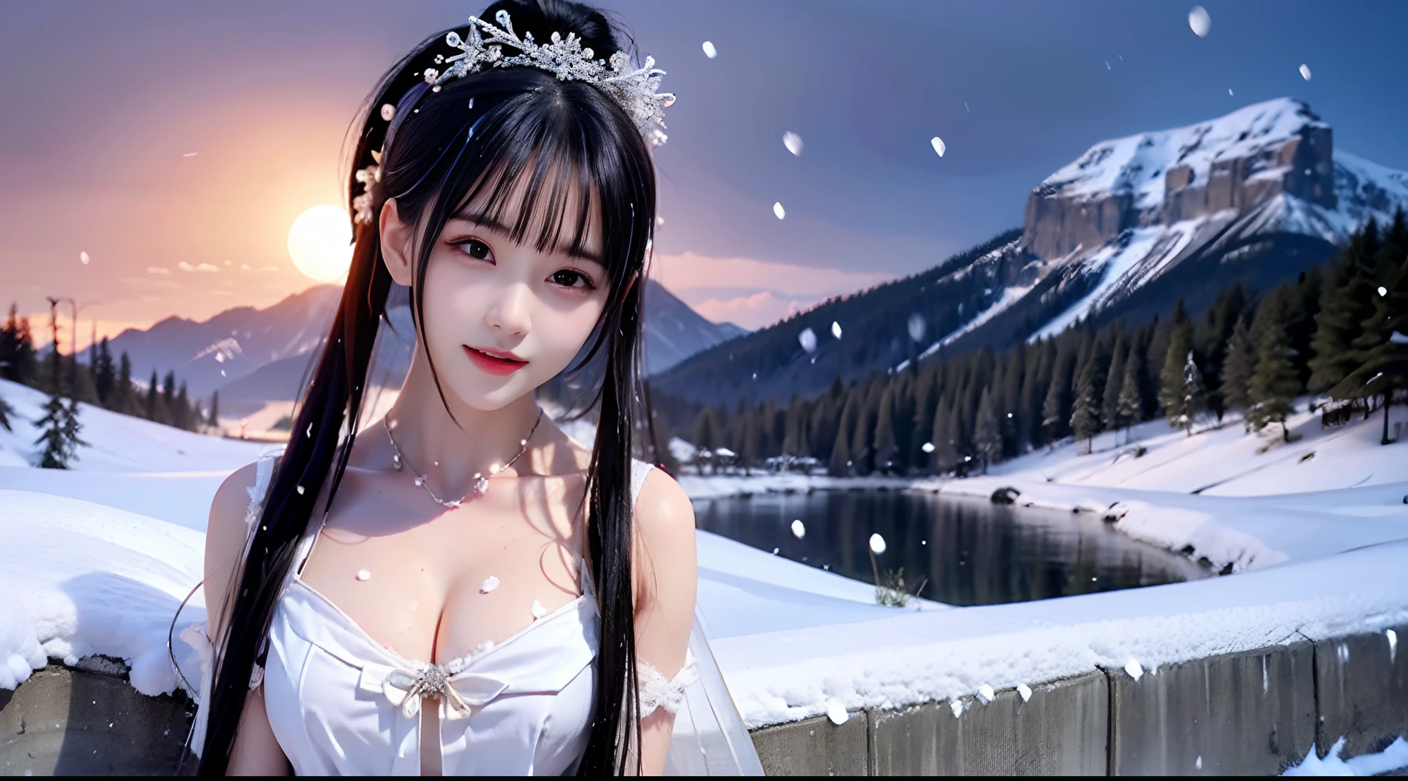 Best picture quality,A high resolution,high qulity,at winter season,Snowy days,Best picture quality,high qulity,8K HD quality,(((Rolling snowy mountain background))),Hyper-detailing,Chinese royal sister,Xu Hui smiled,Full body photo,cabelos preto e longos,High ponytail,Bow on the head,黑The eye,long eyelasher,Exquisite and perfect facial features,Sweet with lying silkworms,perfect bodies,White color blouse,sleeveless shirts,coll,Bow knot,Big breasts Thin waist,(Busty),mature,sexy for,Pure lust woman,鎖骨,Open navel,(((short white pants))),Sit Pose,A single realistic portrait,Nice model face,((The snowflakes fell thickly and quickly,snow covered)),Snowflakes fell on the girl,(((Get wet,wetclothes)),(Facing the viewer),Snowy mountains in background.