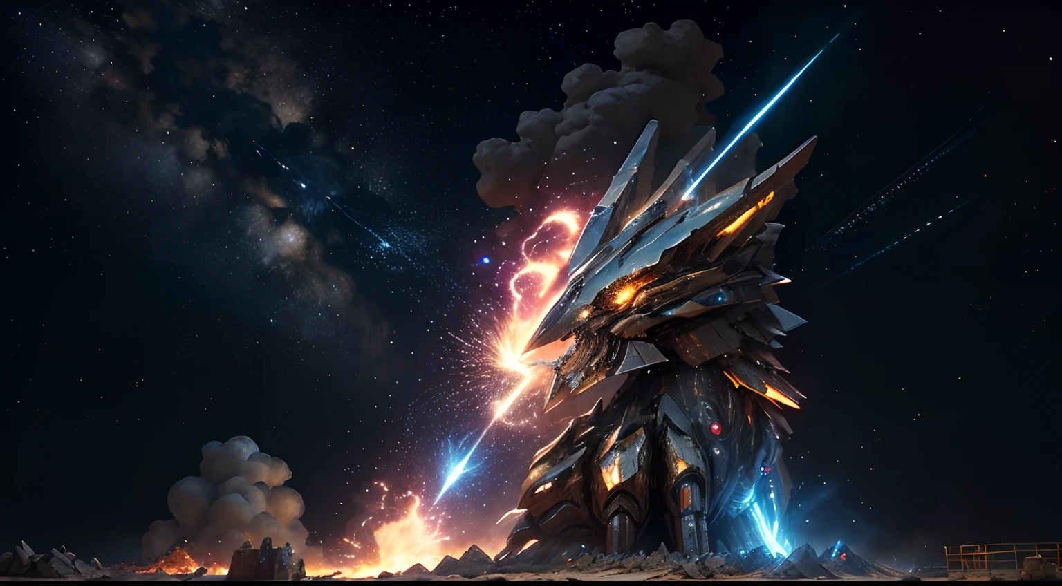 Obra maestra, La mejor calidad, mecha gigante, No hay humanos, Armadura negra, ojos azules, Science-Fiction, Fuego, Laser cannon beam, ERA, conflicto, Fondo de edificio destruido, (Noche), oscuro, sin luz, cielo estrellado