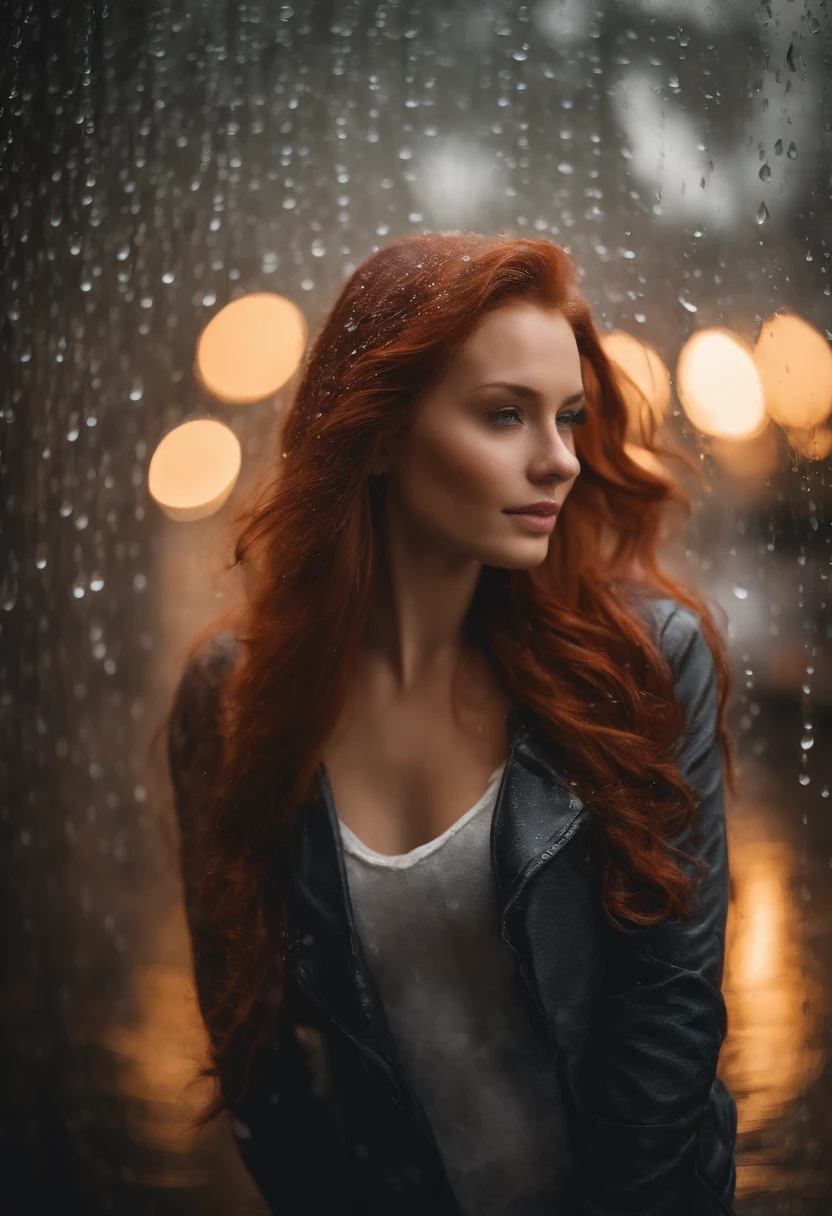 Generate a hyperrealistic image of a stunning red-haired woman behind heavily misted glass, with raindrops gracefully sliding down the surface, creating a mesmerizing effect. Emphasize the dreamy ambiance with a soft, creamy background bokeh, achieved by using a high-resolution camera with a full-frame sensor and a portrait lens with a wide aperture (around f/1.8 to f/2.8). Capture the interplay of light and shadows on the misty surface, highlighting the subtle outlines of her figure. Pay meticulous attention to the raindrops, depicting them as they cascade down the glass, refracting the ambient light beautifully. Set the ISO to balance low noise and optimal exposure, and select a moderate shutter speed to capture the delicate nuances of both the mist and the raindrops. This scene should evoke a sense of enchantment, with the woman elegantly obscured behind the mist, raindrops, and the beautiful bokeh in the background