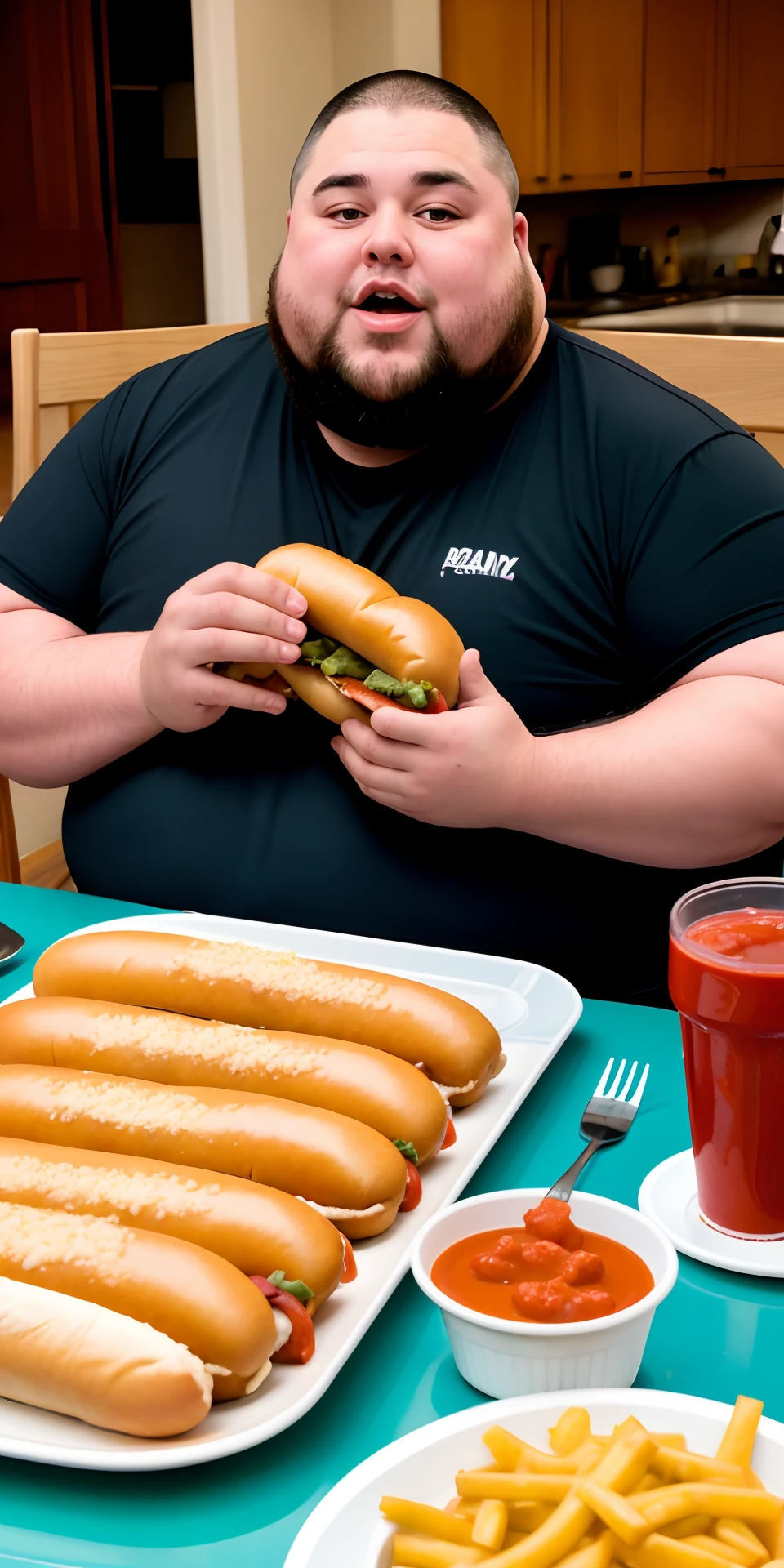 a very fat man, sitting at the table, eating a lot of hot dogs
