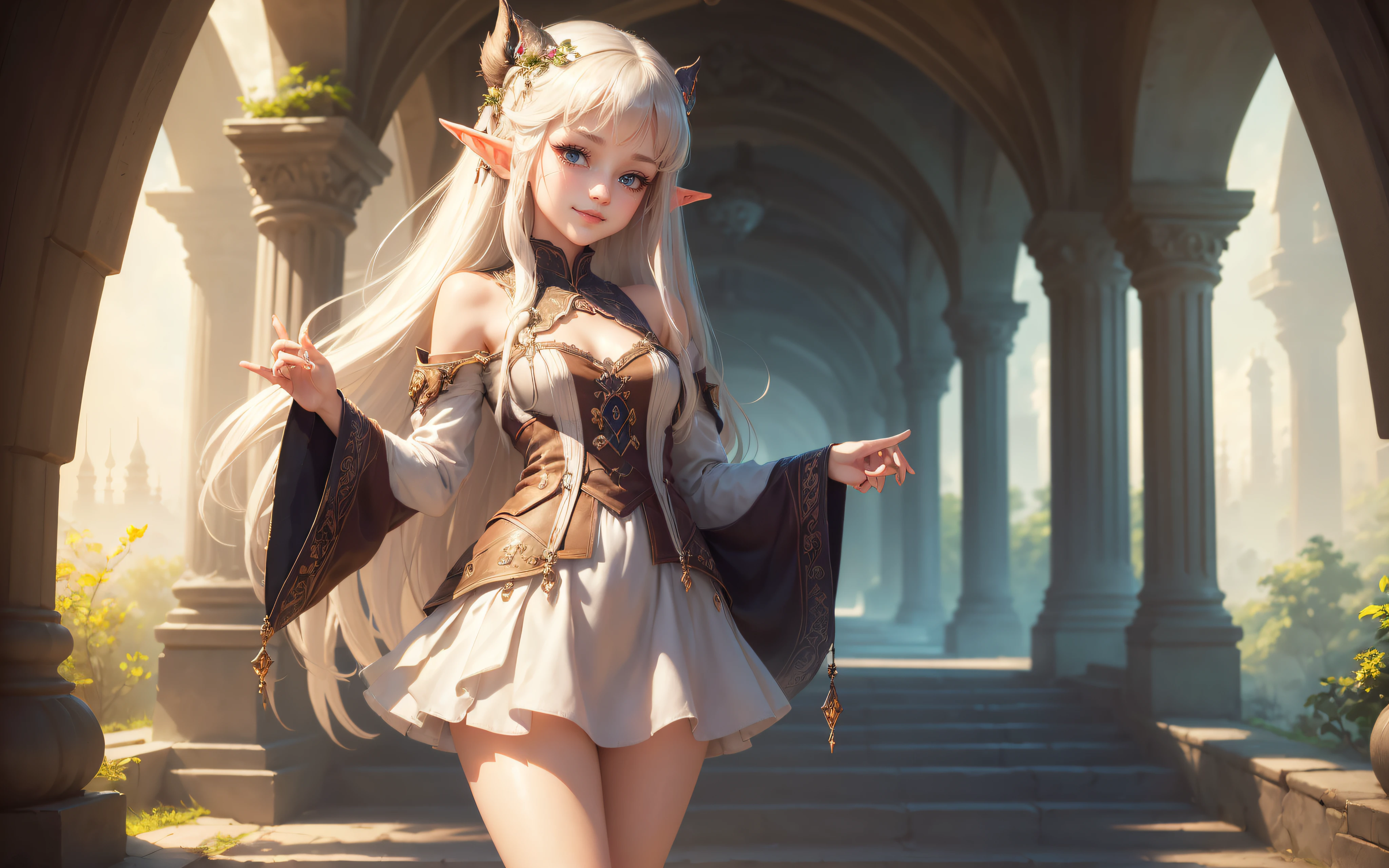 (Best picture quality, 8K, masterpiece: 1.3)), Sharp focus: 1.2, ((Cute girl Face, Both Eyes same)), ((One Girl, Elves Girl, Elves Ears, Slightly Skinny, Long Hairs, Two legs)), ((Hide Fingers)), ((Cover Upper Part of Leg, Cover Thigh)), ((Perfect Face, Perfect Eyes, Bangs, Slim Cheeks, Perfect Lips)), ((Highly detailed face, Smile, standing on your feet:1.2)), ((Highly detailed facial and skin texture)), (Full clothes, wearing full clothes), (cute), (anime girl in a dress, Long skirt, artwork, fantasy art style, art, closeup fantasy, CGI anime fantasy artwork, art)