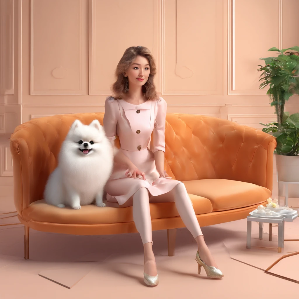 Woman sitting on sofa,A small white Pomeranian crawled on her leg.., In front of the birthday cake, Make a wish on the birthday cake, Celebrate his birthday, she is about 1 6 years old, White skin of the, exquisitefacialfeatures