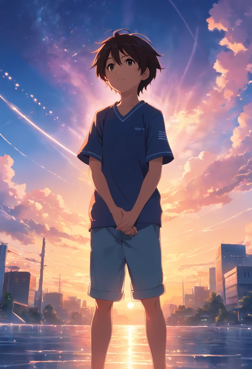 masterpiece, best quality, movie still, 1boy, 22 years old, floating in the sky,, crossing his arms, close-up, bright, happy, warm soft lighting, sunset, Black Gi outfit with silver trimmings (sparks:0.7)