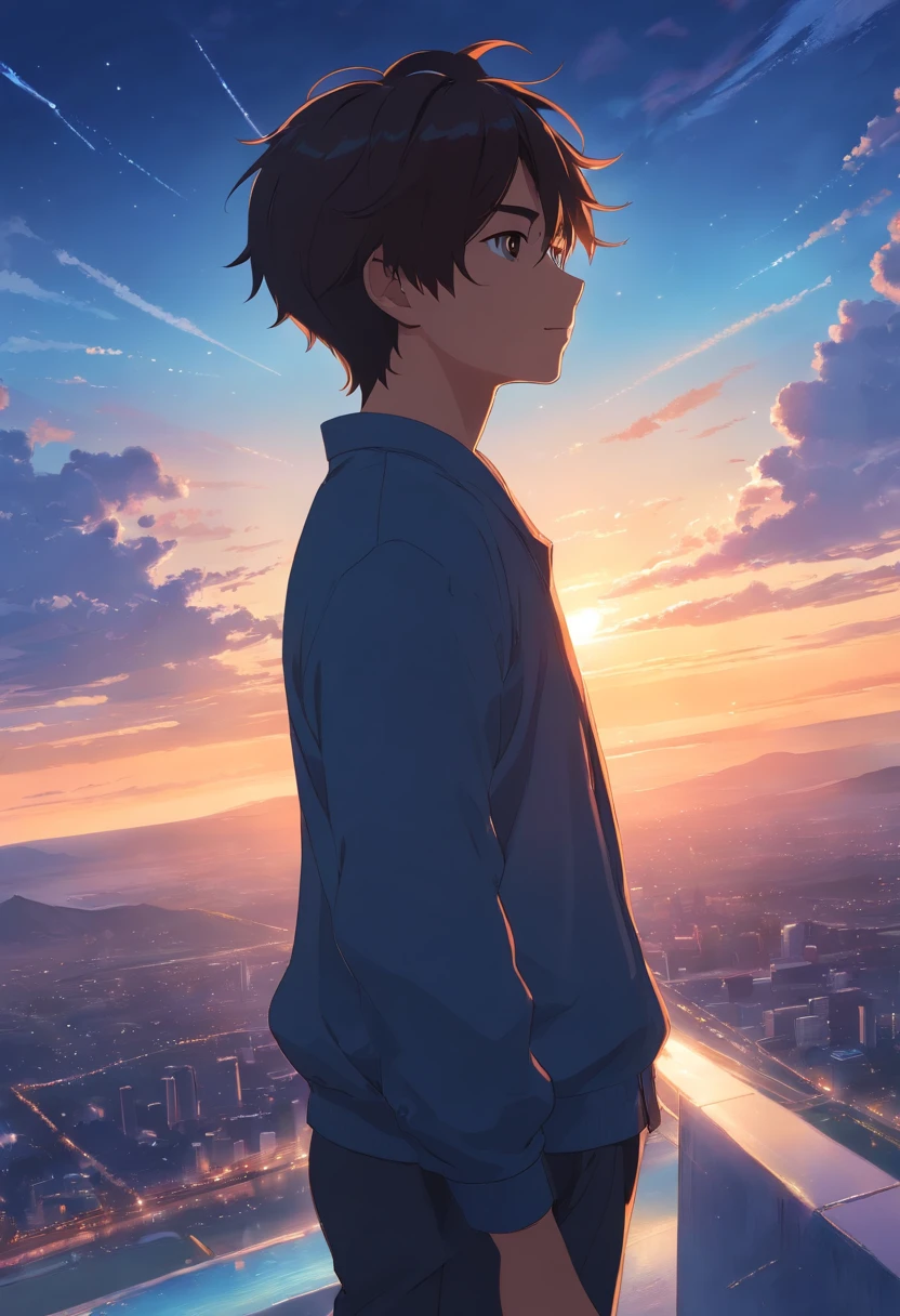 masterpiece, best quality, movie still, 1boy, 22 years old, floating in the sky,, crossing his arms, close-up, bright, happy, warm soft lighting, sunset, Black Gi outfit with silver trimmings (sparks:0.7)