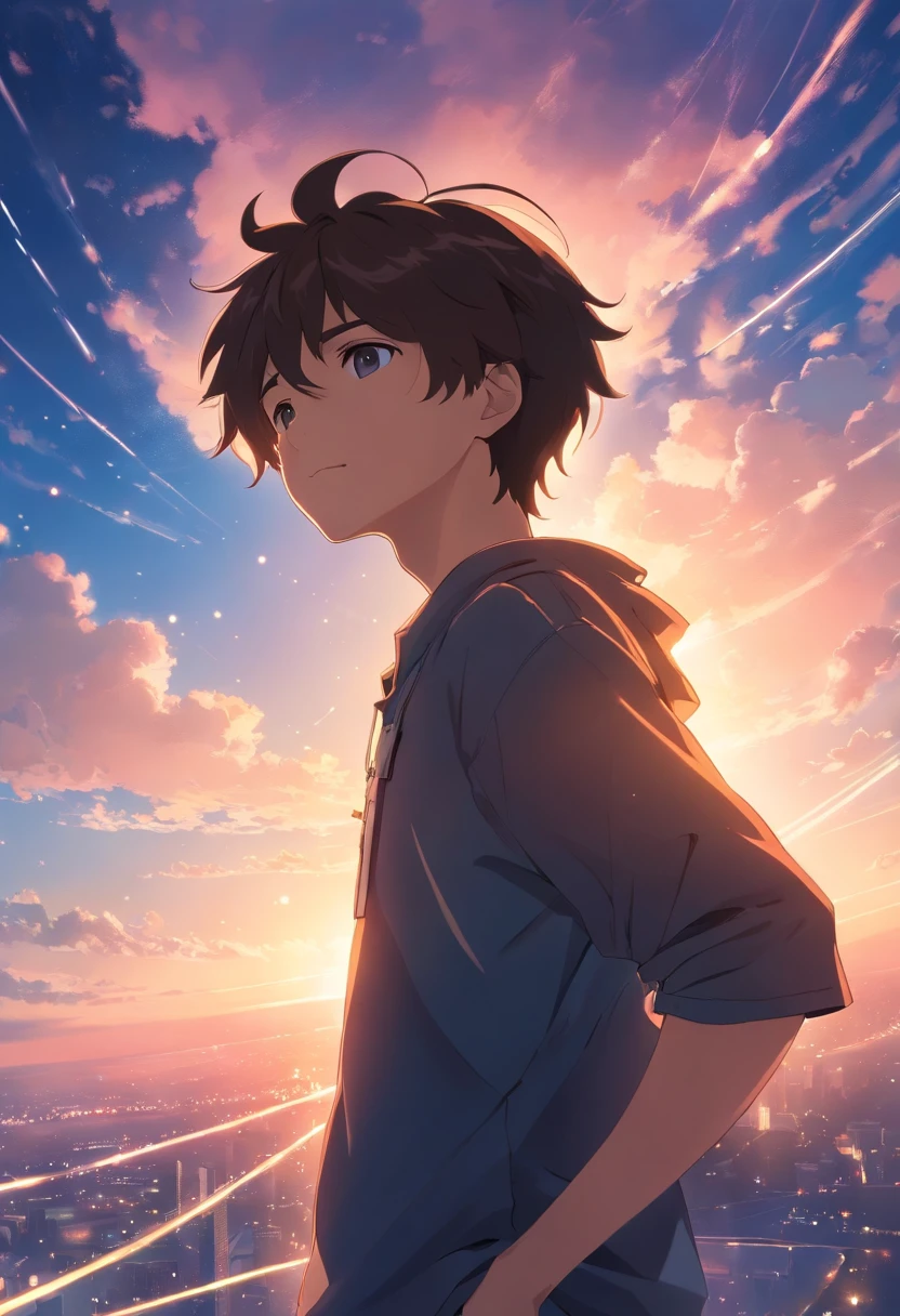 masterpiece, best quality, movie still, 1boy, 22 years old, floating in the sky,, crossing his arms, close-up, bright, happy, warm soft lighting, sunset, Black Gi outfit with silver trimmings (sparks:0.7)