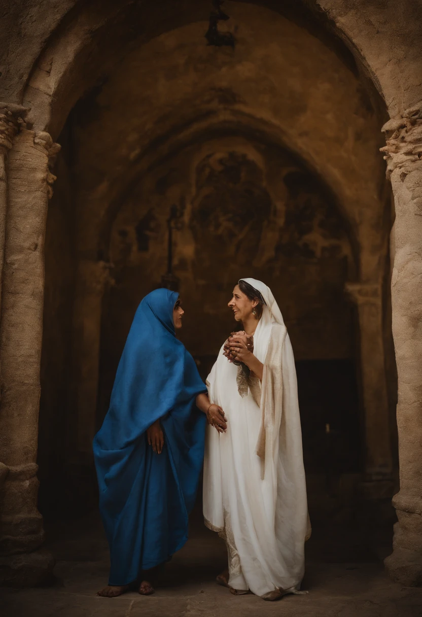 Mary of Nazareth, Santa Maria, Nossa Senhora, mother of Jesus, roupas brancas, manto azul, detalhado, realista, perfeita, corpo inteiro