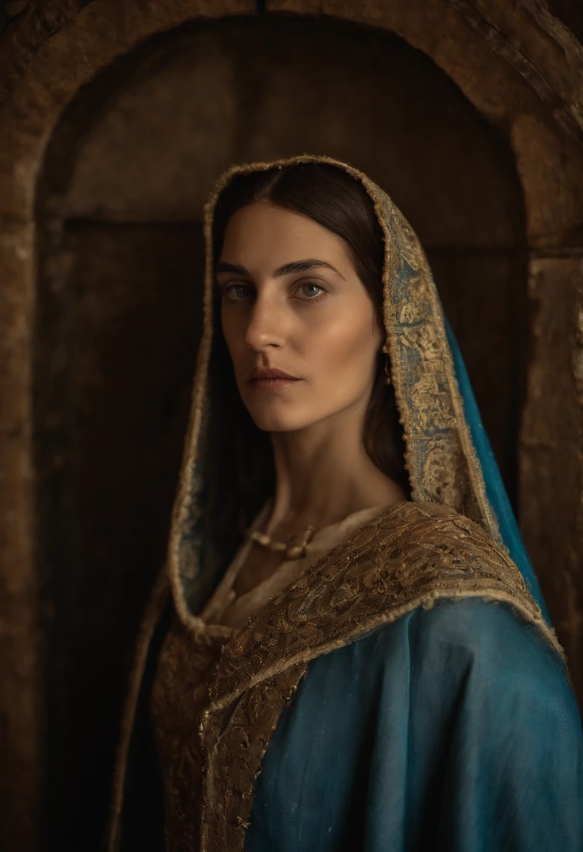Mary of Nazareth, Santa Maria, Nossa Senhora, mother of Jesus, roupas brancas, manto azul, detalhado, realista, perfeita, corpo inteiro
