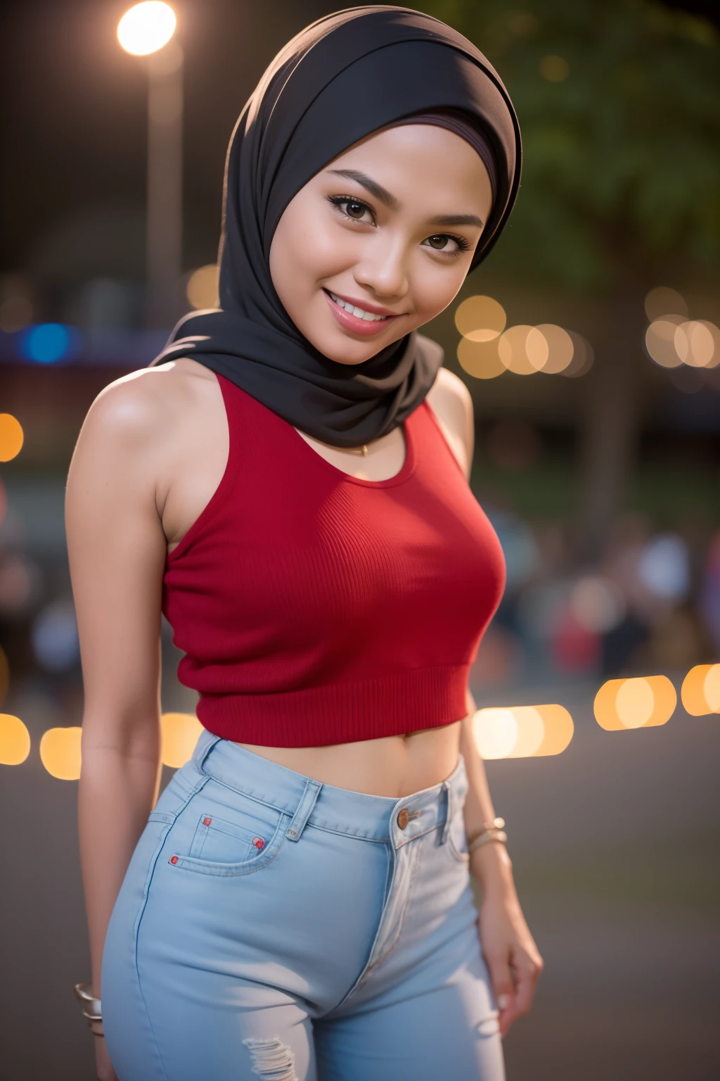 Half body potrait, (lingerie), Cute malay girl wearing big red blouse and jeans with seducing pose, big smile, laughing, happy, big front teeth, bustling nighttime city, bright golden color hijab, small , small breast, flat chest, wide waist, thick thighs bright lighting, big round ass, cute face, slim abs, 35mm lens, Extreme close-up, pastel color grading, depth of field cinematography effect, romantic film genre, 8k resolution, high quality, ultra detail,