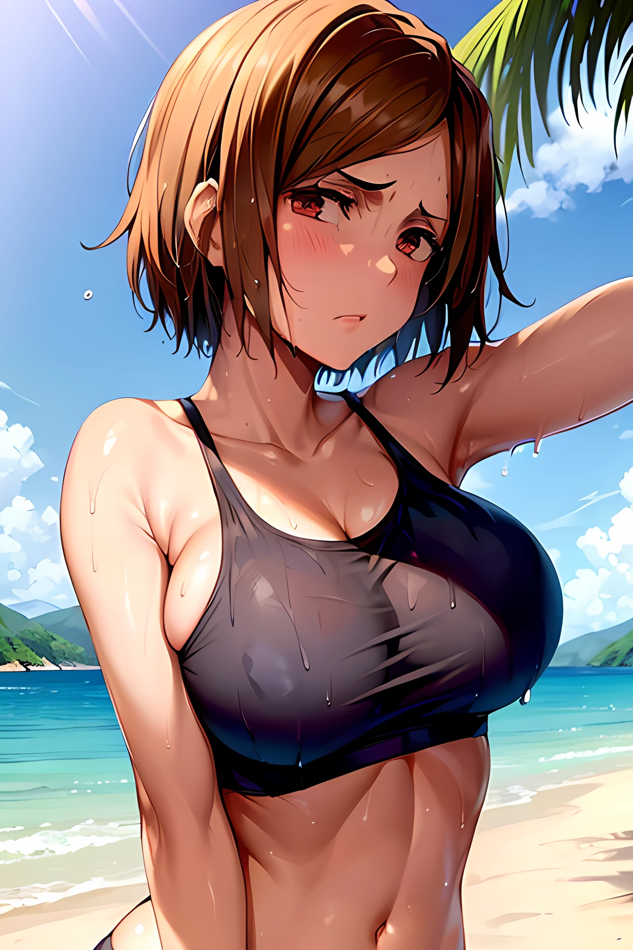 masterpiece, photo of nobarajk, short hair with large breasts and a huge ass and wearing a sports bra on a beach with sunny weather, (wet skin and hair:1.5), (light skin), (sweating) ,(beautiful scenery),(perfect face), masterpiece, blush, 1girl, solo, smooth anime cg art, sexy pose, disgruntled expression, sexy body,