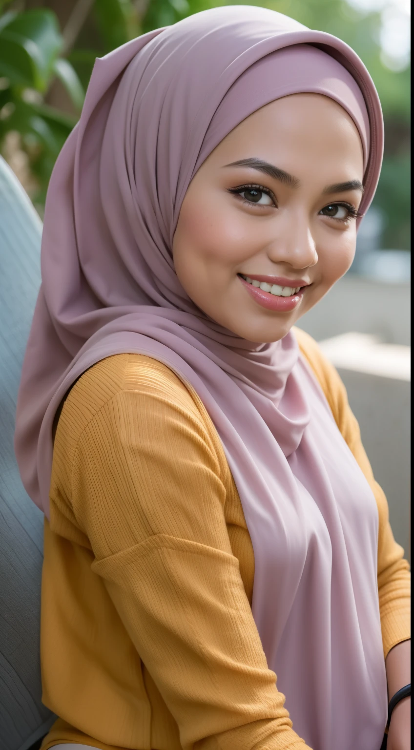 Malay girl in hijab wear baju kurung, pastel color, seating, front view, detail skin, detail skin texture, mole below eyes, small breast, big hip, big waist, big thigh, slim abs, beautiful body, evening, laughing, happy, bright lighting, blur background, bokeh,