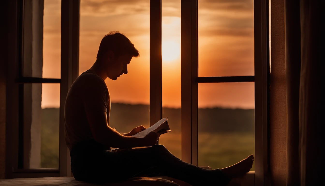1 student sitting by the window reading ( It was sunset)