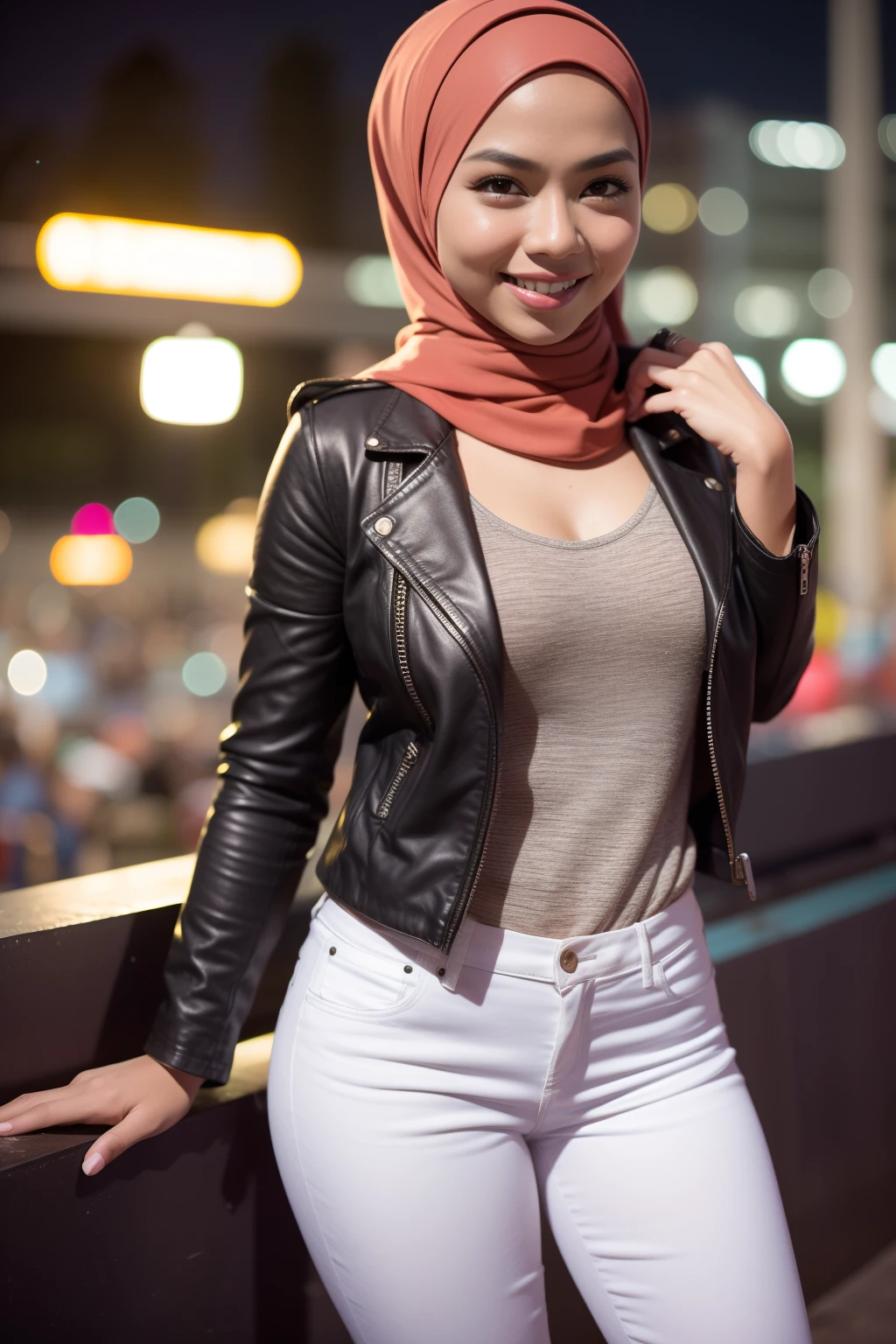 Portrait photography of a beautiful young malay girl in hijab wearing red tank top with leather jacket and white jeans watching a concert, nighttime, concert background, bright lighting, smile and happy gesture,