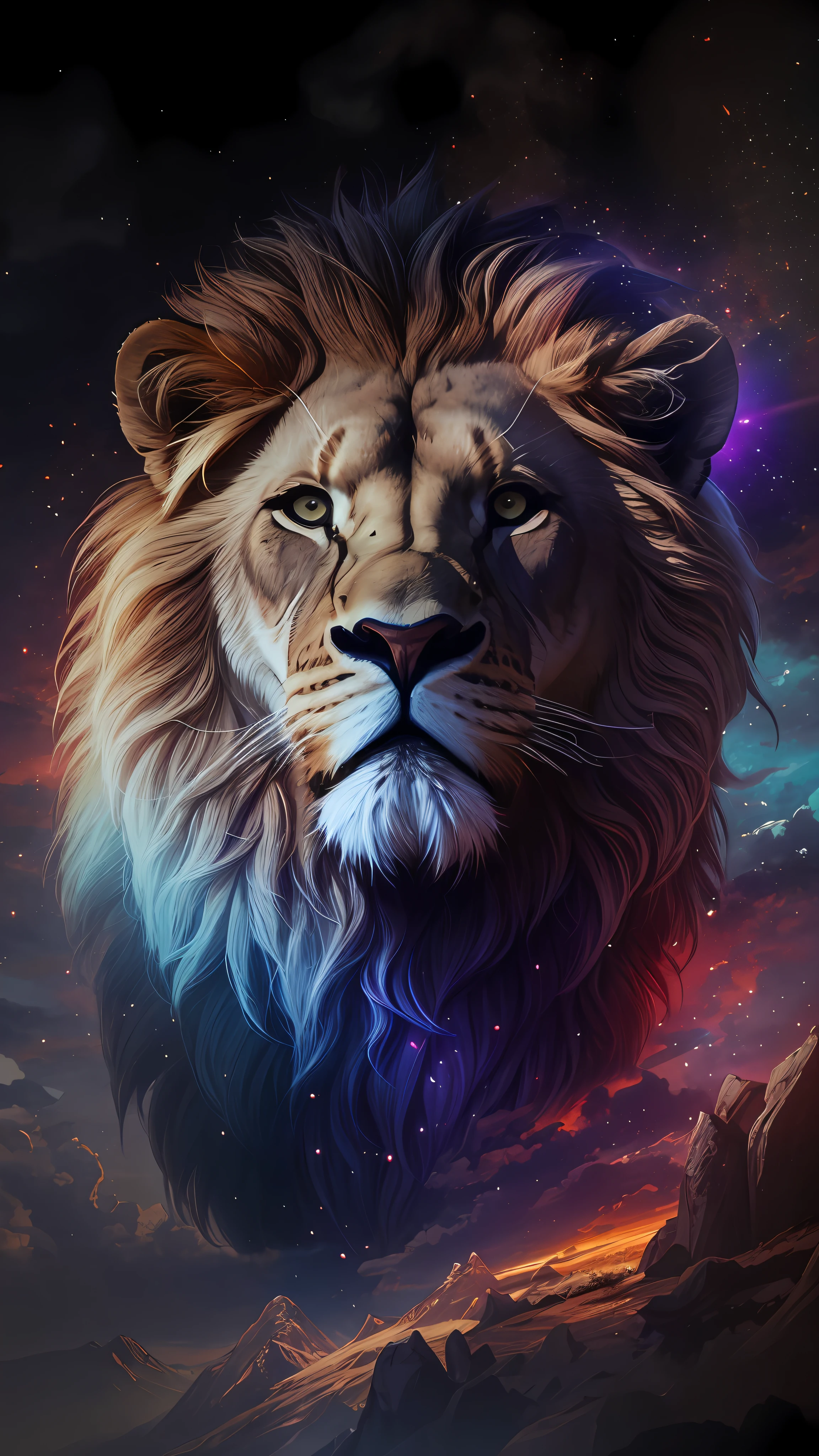 Lion, leone, King, naturais, Natureza, Natureza, Linda, renderizado, fotorrealista, UltraHD, 4k, texturasdetalhadas, thunders, sombras detalhadas, cores detalhadas, por do sol, sol se pondo, Sunset, Natureza Linda, fundo preto, por do sol, contraste detalhado, contraste realista, alta resolução, cores detalhadas,