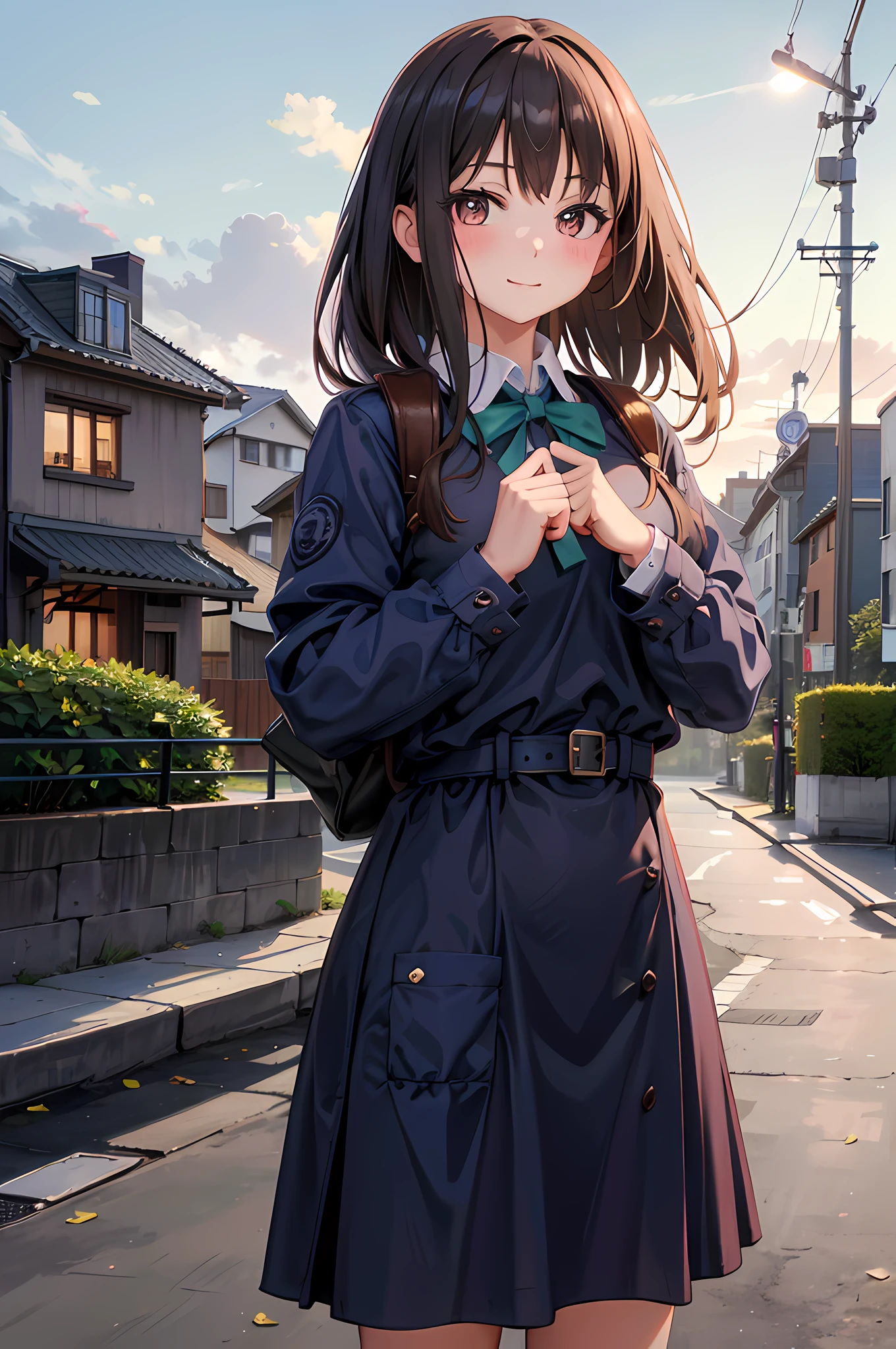 Tags for the prompt: 1 girl, cute, blush, looking at viewer, smile, wearing school dress, happy, suburban, twilight, simple background, beautiful pose, highres, beautiful environment, masterpiece, better quality Stable Diffusion prompt: 1 girl, cute blush, looking at viewer, smiling,wearing school dress, surrounded by a beautiful suburban environment at twilight. The girl has a simple background, standing in a picturesque pose. The image is of high resolution with better quality, ensuring every detail is well-captured. The overall scene is like a masterpiece, featuring a stunning and serene atmosphere.