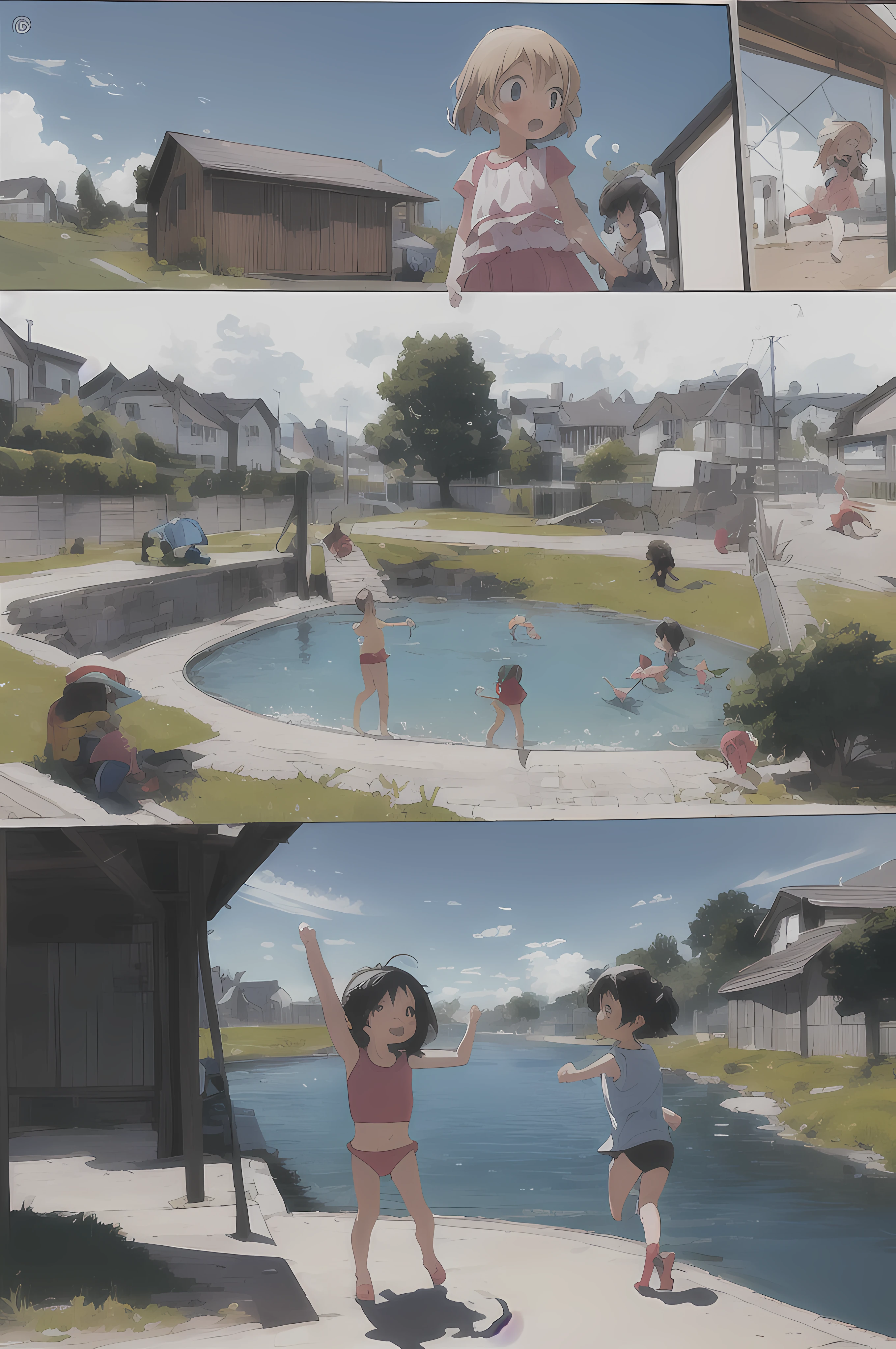 comic_panel_layout:1.3, a little girl goes swimming on a summers day