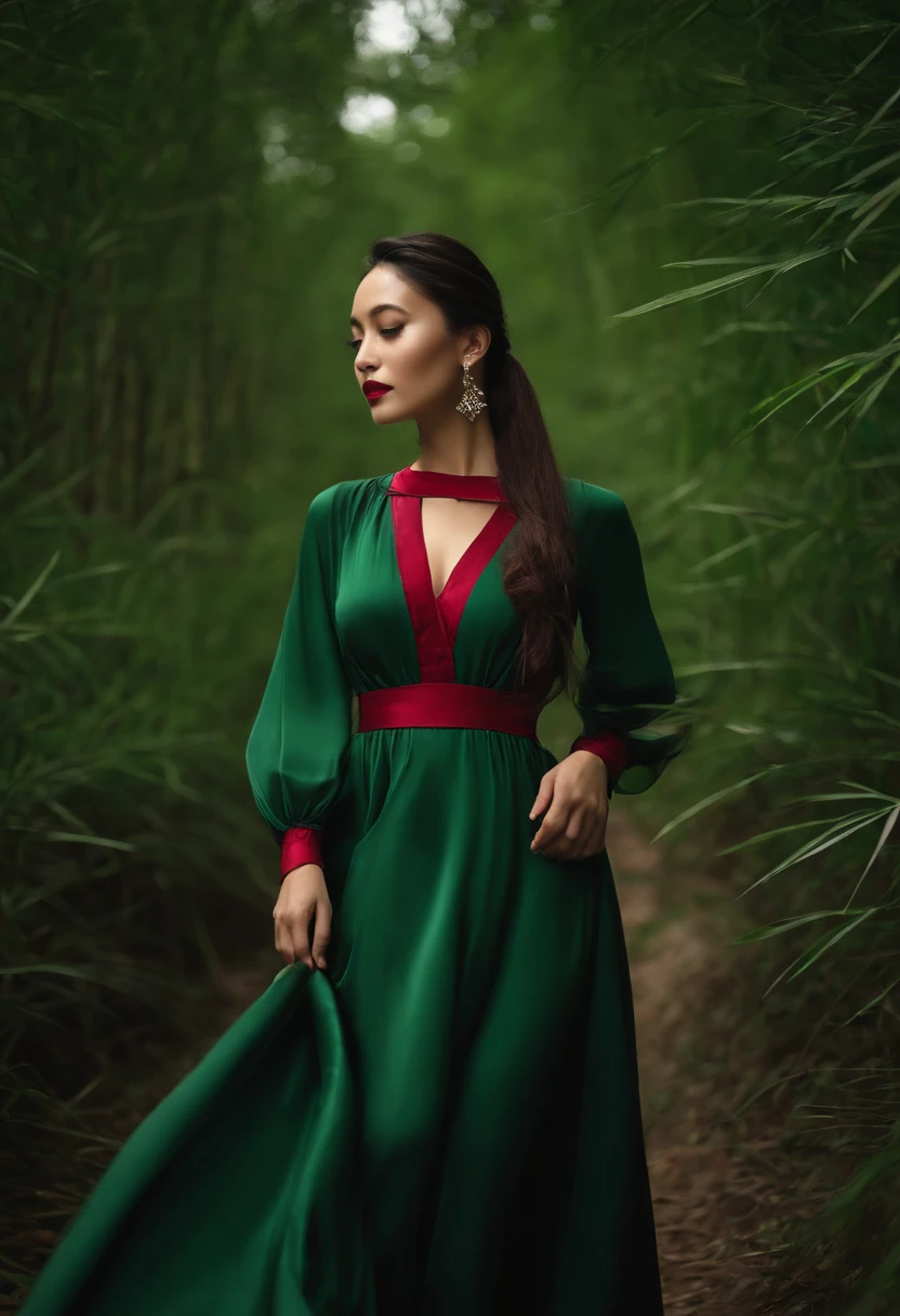 Woman wearing a ruby necklace on her chest,Dark green long-sleeved shirt,Dark green dress for girls,High ponytail,in bamboo forest,themoon