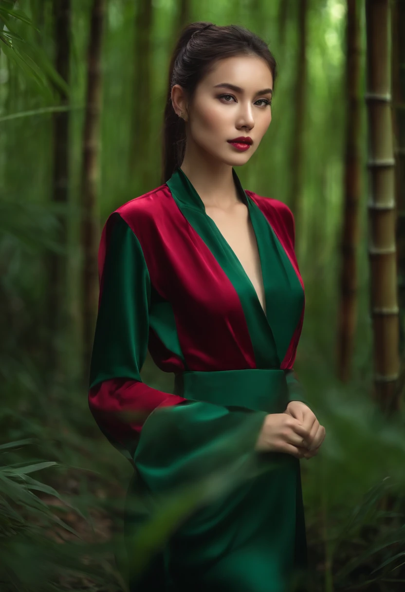 Woman wearing a ruby necklace on her chest,Dark green long-sleeved shirt,Dark green dress for girls,High ponytail,in bamboo forest,themoon