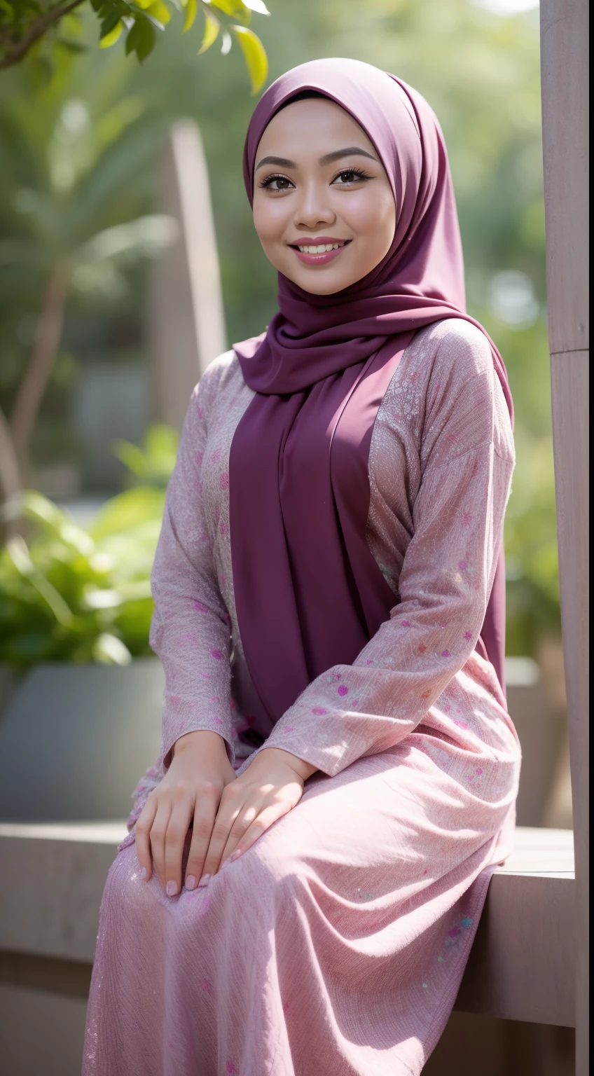 Malay girl in hijab wear baju kurung, pastel color, seating, front view, detail skin, detail skin texture, mole below eyes, small breast, big hip, big waist, big thigh, slim abs, beautiful body, evening, laughing, happy, bright lighting, blur background, bokeh,