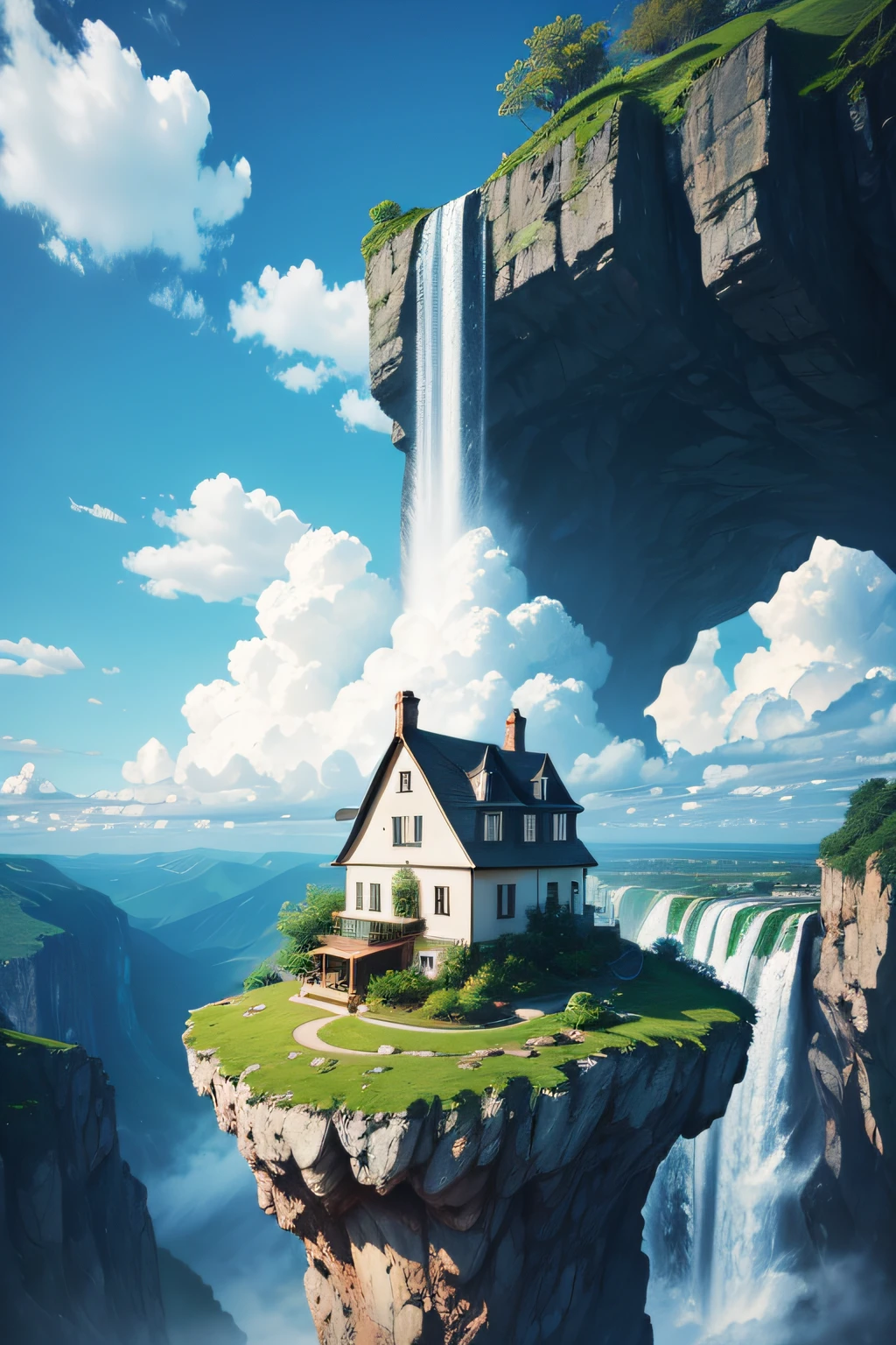 Imagine capturing a breathtaking photograph of a house perched on a hill, overlooking a series of majestic waterfalls. The vivid blue clouds in the sky add a surreal touch to this picturesque landscape, creating a scene straight out of a dream.