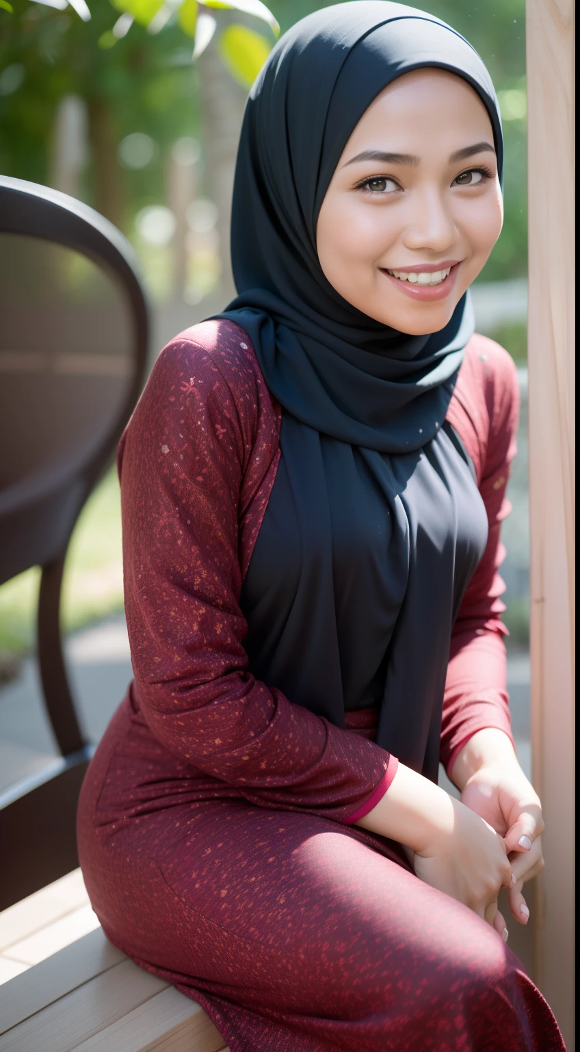 Malay girl in hijab wear baju kurung, pastel color, seating, front view, detail skin, detail skin texture, mole below eyes, small breast, big hip, big waist, big thigh, slim abs, beautiful body, evening, laughing, happy, bright lighting, blur background, bokeh,