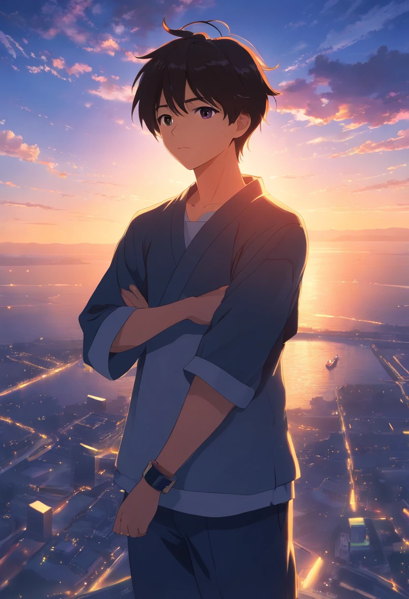 Masterpiece, Best quality, cinematic Film still from, 1boys, 22 years old, Floating in the sky,, crossed arms, Close-up, Bright, cheerfulness, Warm and soft lighting, Sunset, Black GI costume，Silver trim (spark of light:0.7)