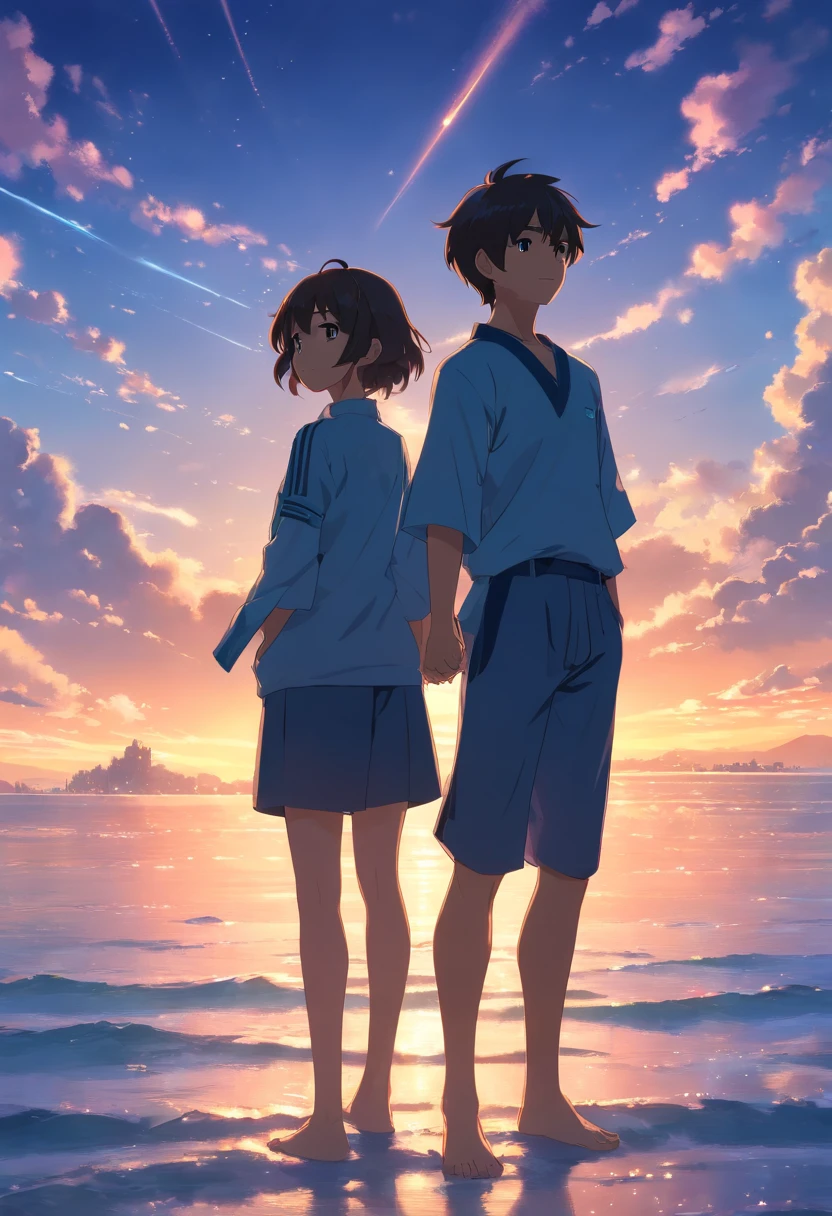 Masterpiece, Best quality, cinematic Film still from, 1boys, 22 years old, Floating in the sky,, crossed arms, Close-up, Bright, cheerfulness, Warm and soft lighting, Sunset, Black GI costume,Silver trim (spark of light:0.7)