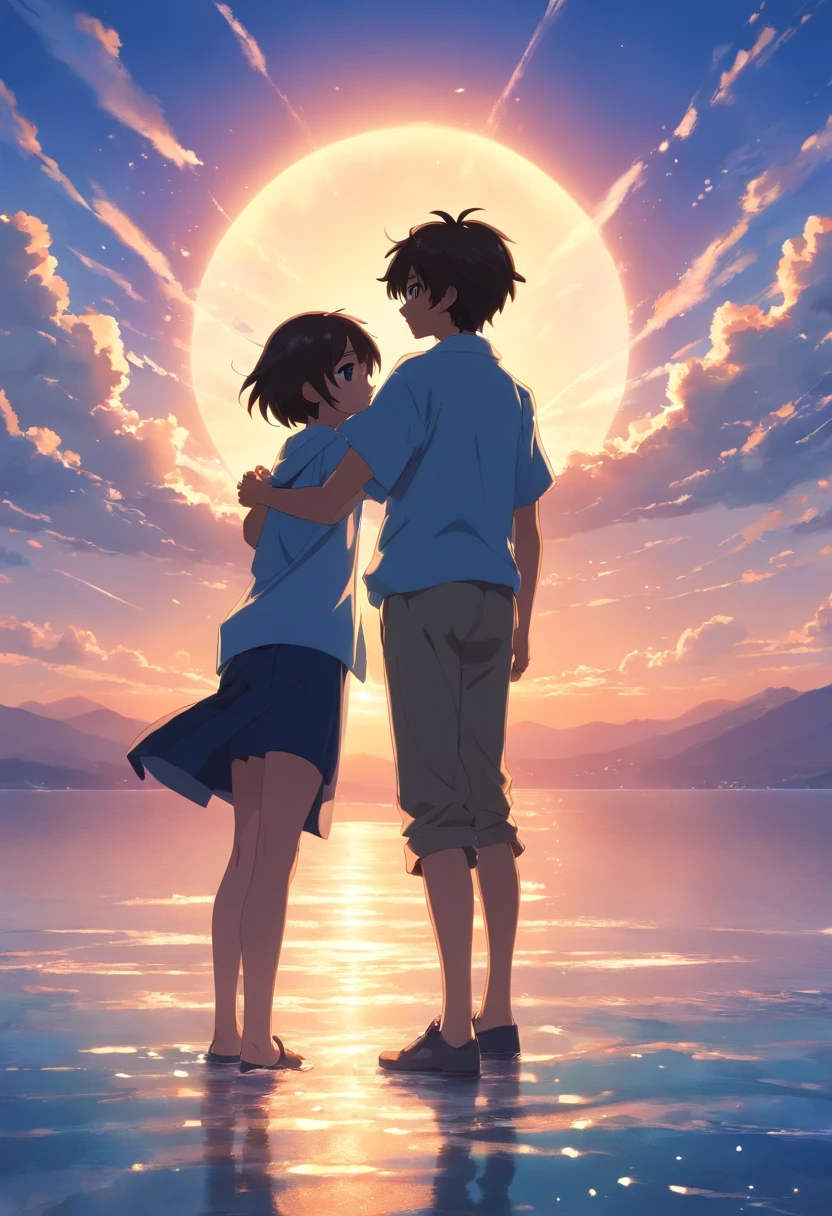 Masterpiece, Best quality, cinematic Film still from, 1boys, 22 years old, Floating in the sky,, crossed arms, Close-up, Bright, cheerfulness, Warm and soft lighting, Sunset, Black GI costume,Silver trim (spark of light:0.7)