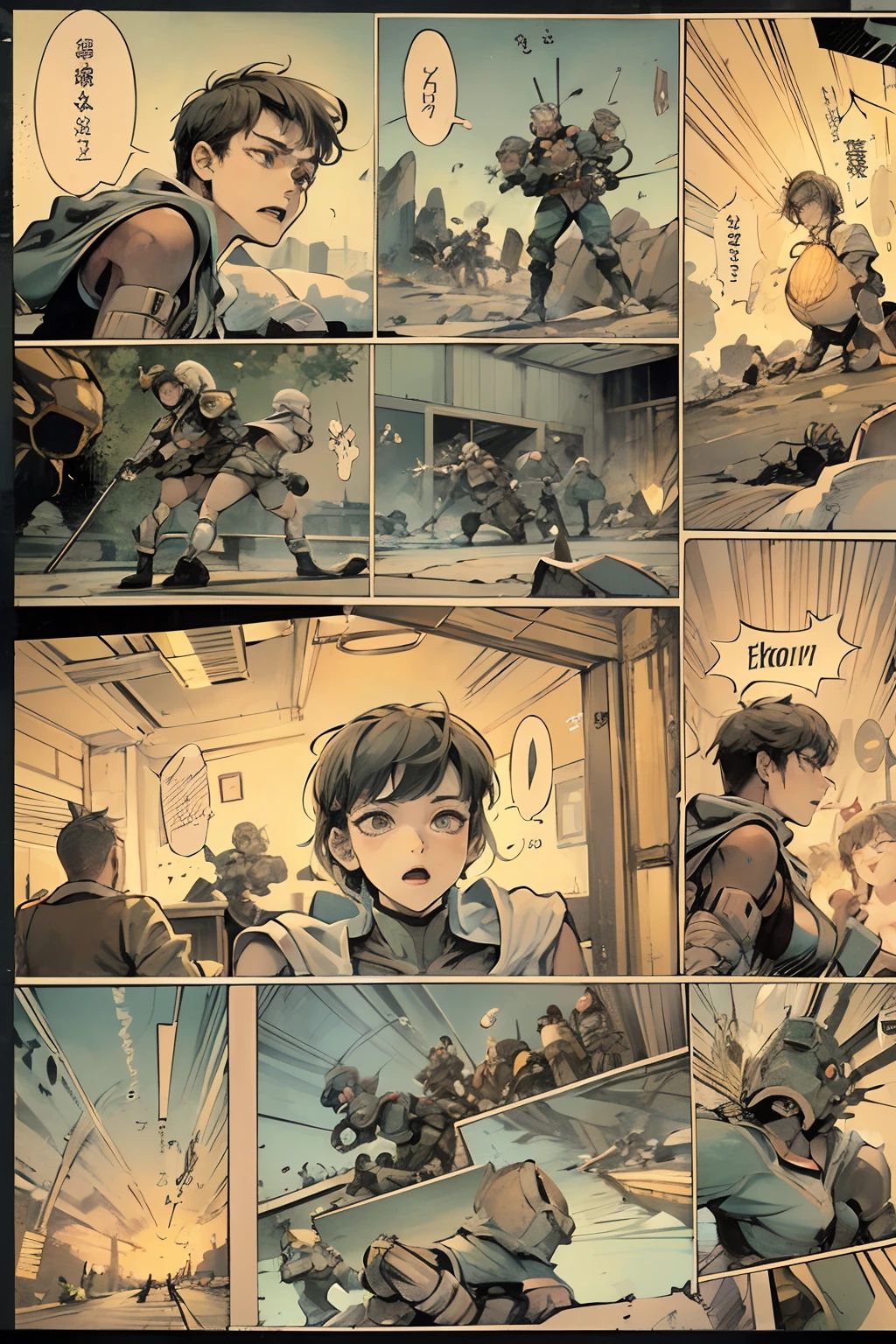 comic strip,Cartoon Split(4 or 5 or 6 tiles),Storyboard,Masterpiece, 。A young teenager,JK,closeup cleavage,Fight against robots。He tried to stop it in various ways,But all failed。 Enhanced detail