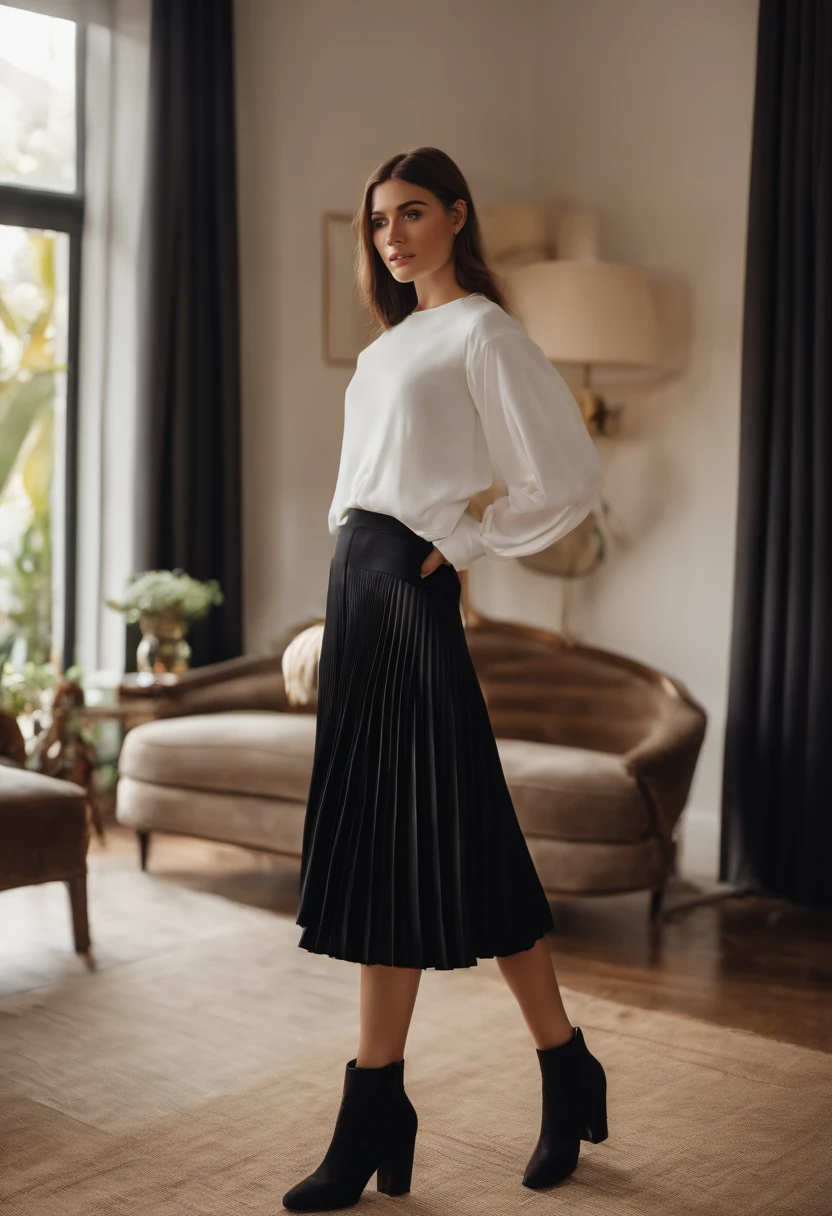 ultra-detailliert,Beautiful standing in front of big sofa in living room,Standing facing each other at a slight angle,18year old,White top with long sleeves,Black pleated mini skirt,Micro Short Boots,Pose like a model