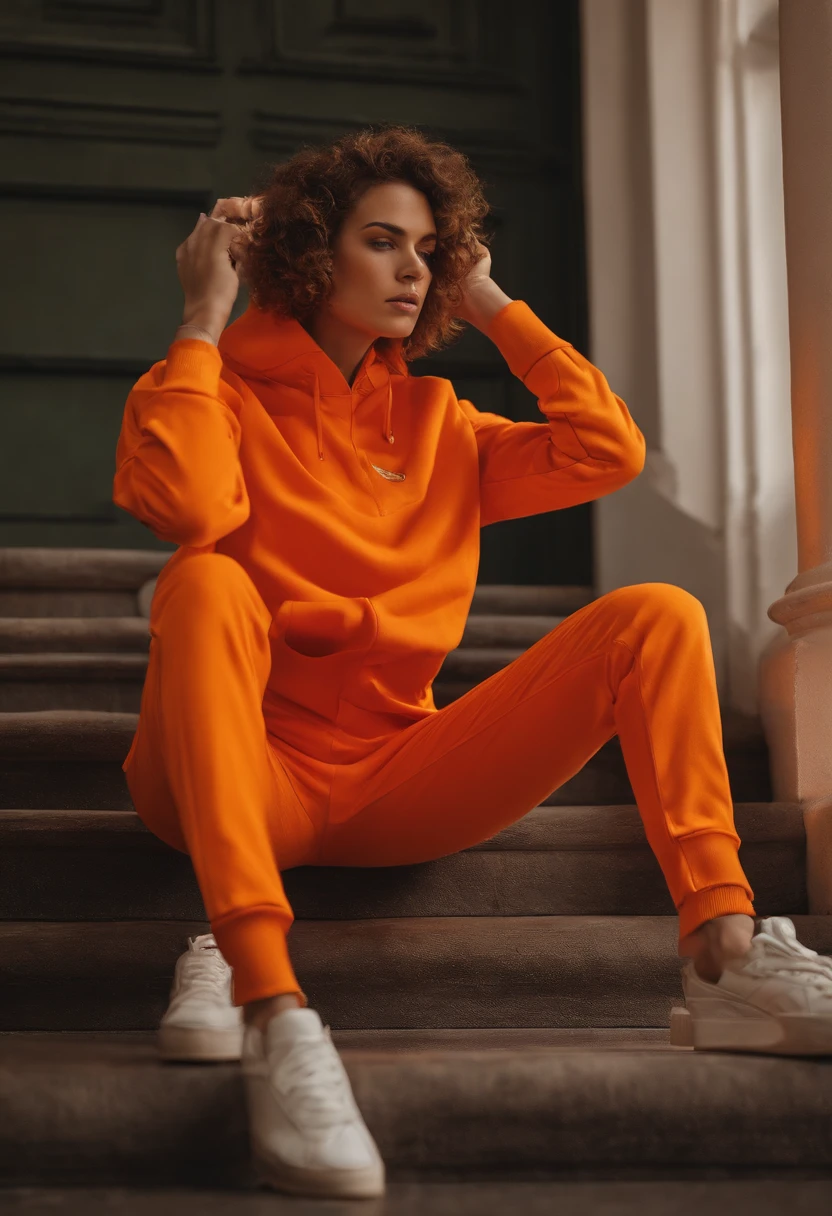 Short hair, trimmed head, tomboy，irate，Orange tracksuit and orange jeans
