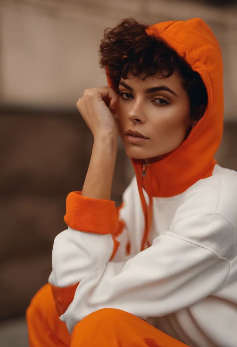 Short hair, trimmed head, tomboy,irate,Orange tracksuit and orange jeans