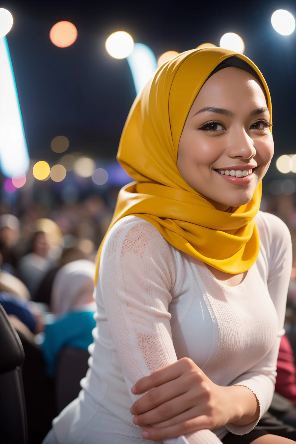 Portrait photography of a beautiful young malay girl in hijab wearing white tank top with yellow leather jacket and white jeans watching a concert, nighttime, concert background, bright lighting, smile and happy gesture,