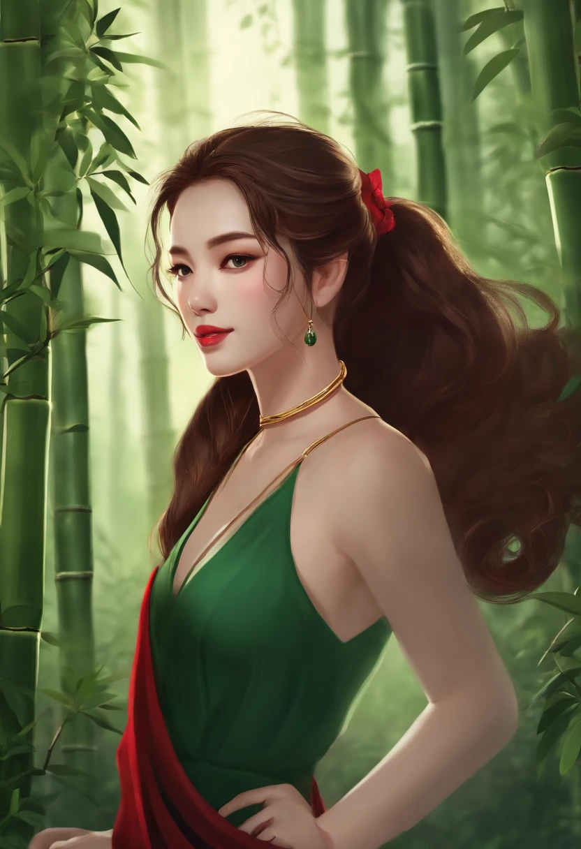 Girl wearing a ruby necklace on her chest,Dark green long-sleeved shirt,Dark green dress for girls,High ponytail,in bamboo forest,themoon