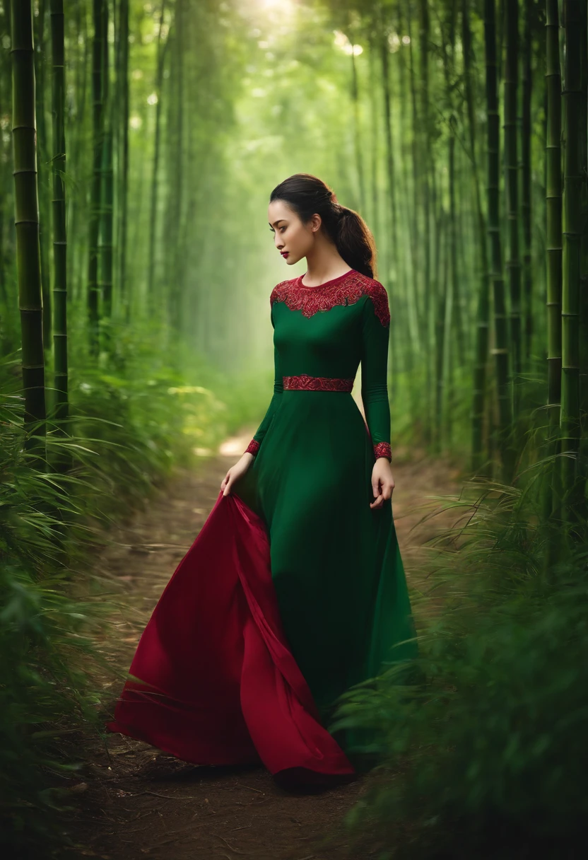 Girl wearing a ruby necklace on her chest,Dark green long-sleeved shirt,Dark green dress for girls,High ponytail,in bamboo forest,themoon