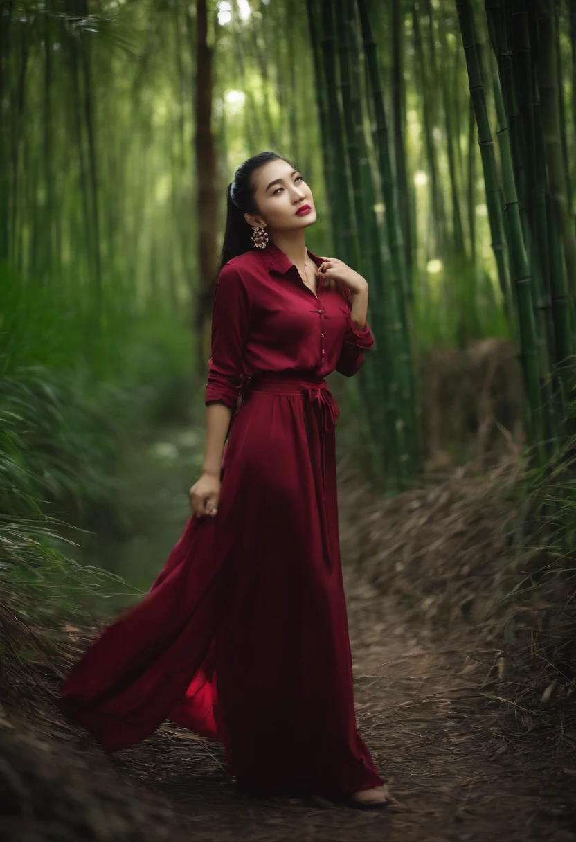 Girl wearing a ruby necklace on her chest，Dark green long-sleeved shirt，Dark green dress for girls，High ponytail，in bamboo forest，themoon