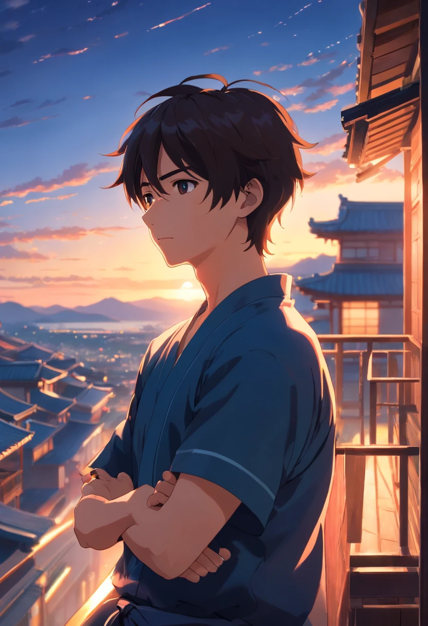 masterpiece, best quality, movie still, 1man, 22 years old, japanese house balcony,, crossing his arms, close-up, contemplating, happy, warm soft lighting, sunset, Black martial arts Gi outfit with silver trimmings (sparks:0.7)