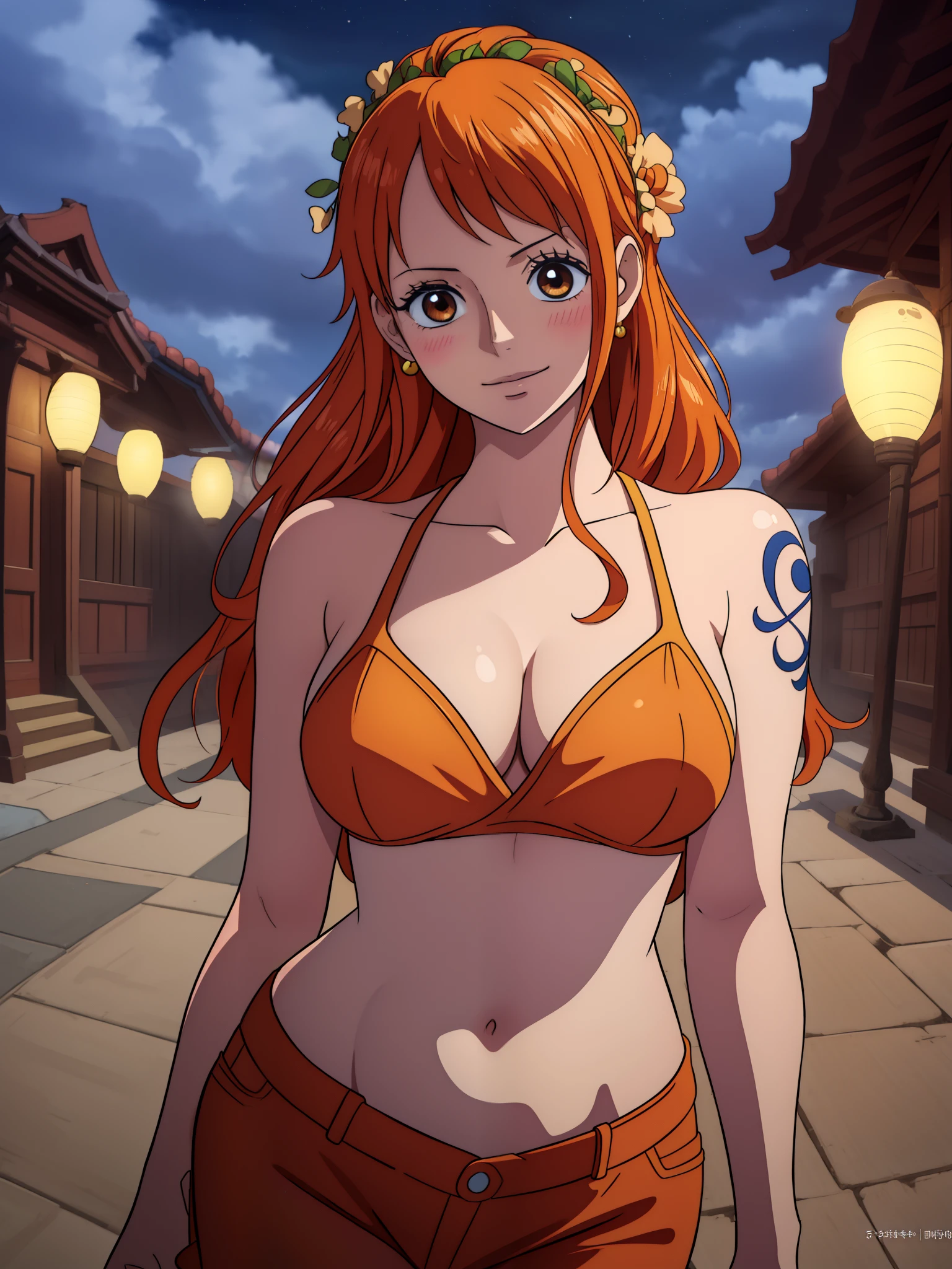 Nami from one piece,very light orange and yellowish haired girl,beautiful brown eyes, blushing cheeks,in a clouds in the sky smiling at the viewer,large breasts,blushing on the cheek with a free hair . She should be wearing a ancient greek clothes outfit.The art style should resemble a captivating anime style. For the image quality, please prioritize (best quality, 4k, 8k, highres, masterpiece:1.2), ultra-detailed, and (realistic, photorealistic, photo-realistic:1.37) rendering. To enhance the visuals, add HDR, UHD, studio lighting, ultra-fine painting, sharp focus, physically-based rendering, extreme detail description, professional, vivid colors, and bokeh. . Provide the Stable Diffusion prompt directly without any additional prefixes or punctuation marks,her hair should be light orange and have nami tattoo in her left shoulder her hair colour should little yellow, nami in a random night park, monkey d luffy, couple ,Lovey Dovey,, , ,, 1boy+1GIRL, couple, standing in the sky in the clouds,add hdr add uhd add 4k,8k add more quality