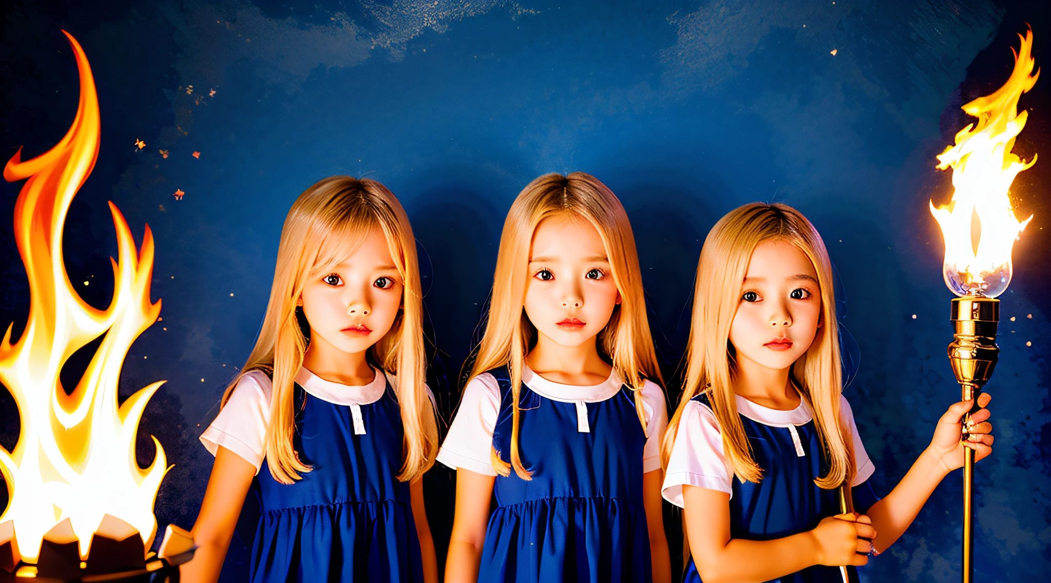 Three girls holding torches in front of a blue background, 3 sisters look into the mirror, color studio portrait, s jovens, in a row, simetria!! retrato, childrens, profissionalmente retocado, childrens, beautiful highly symmetric faces, Directed by: Jan Rustem, pintado digitalmente, identical picture, symmetrical centered portrait, twins, photo illustration, Clones