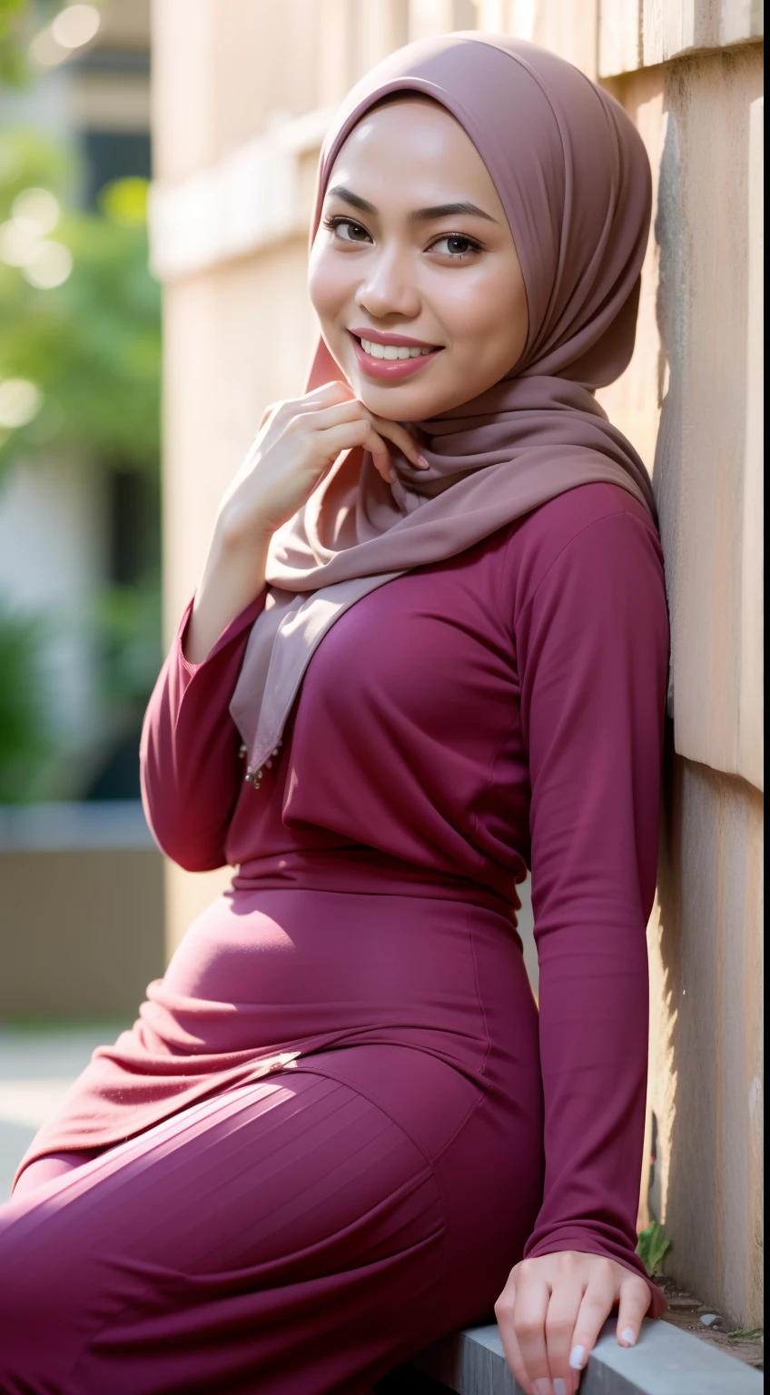 Malay girl in hijab wear baju kurung, pastel color, seating in university classroom, front view, detail skin, detail skin texture, mole below eyes, small breast, big hip, big waist, big thigh, slim abs, beautiful body, evening, laughing, happy, bright lighting, blur background, bokeh,