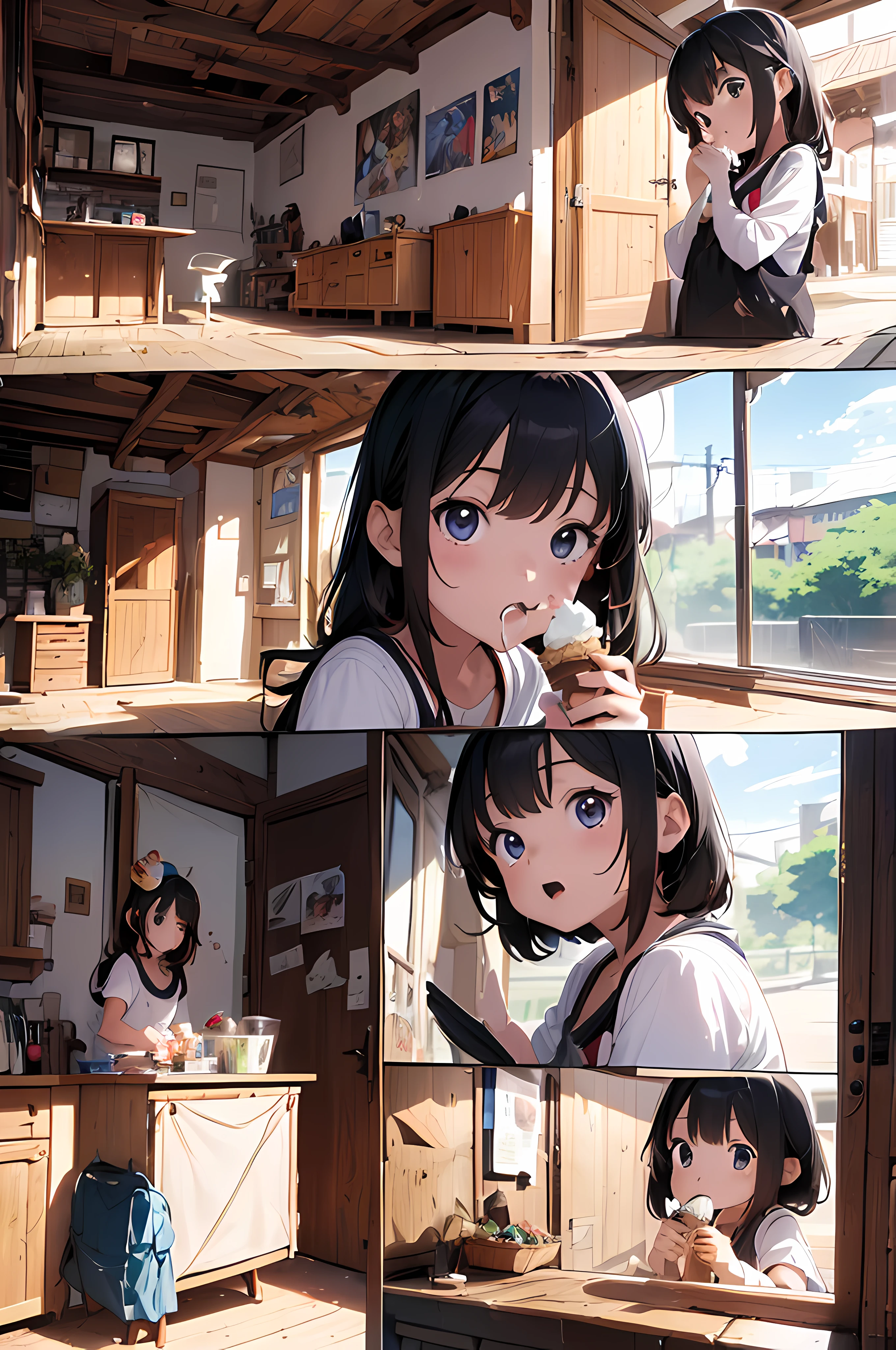 (8k masterpiece, RAW anime photo, best quality:1.3), comic_book_panels:1.5, a  girl goes to the zoo, eating an icecream, sequential_comic_panels, speech_bubbles,