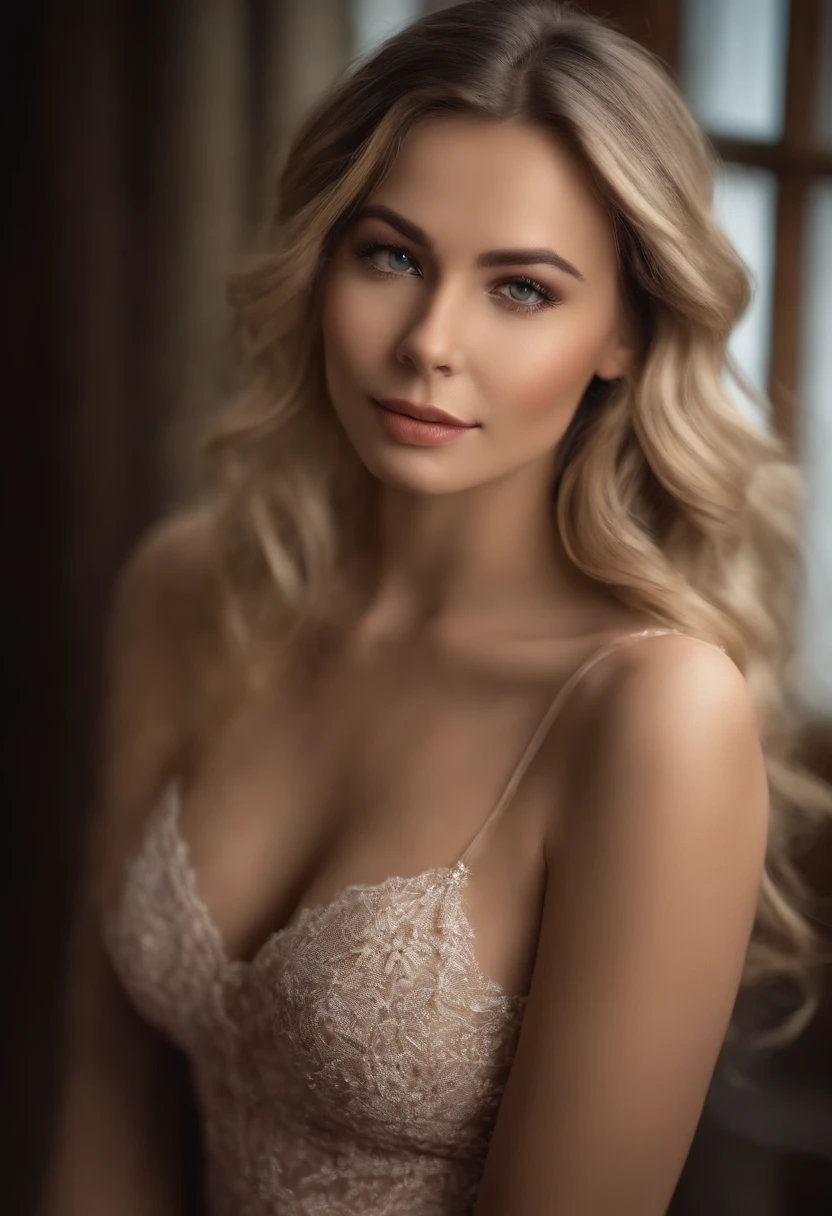 beautiful woman, 25 years old, 30 years old, with medium boobs, solo, (masterpiece), (photorealistic: 1.3), ultra detailed, realistic eyes, (high detail) skin: 1.2), (best quality: 1.0), (ultra high resolution: 1.0), wavy detailed hair, a blonde hair, long dark brown hair, Dark brown blonde hair flutters all over her body, Sexy and dramatic, (beautiful detailed makeup), (sexual arousal, blush, rough breathing: 1.0), sexy cleavage, red bra, red G string lingerie, A slight smile, Colossal tits, European, Sexy and dramatic, Style photoshoot, standup pose, model, While looking at the camera, Soft lighting, High quality, Film Lighting, Dramatic, Photoshoot style, Mirrorless Camera Alpha 1, FE 70-200mm F2.8 GM OSS lens, ISO 100, shutter speed 1/120, aperture f/2.8, extremely photorealist portrait, 8K, full body portrait, hole body