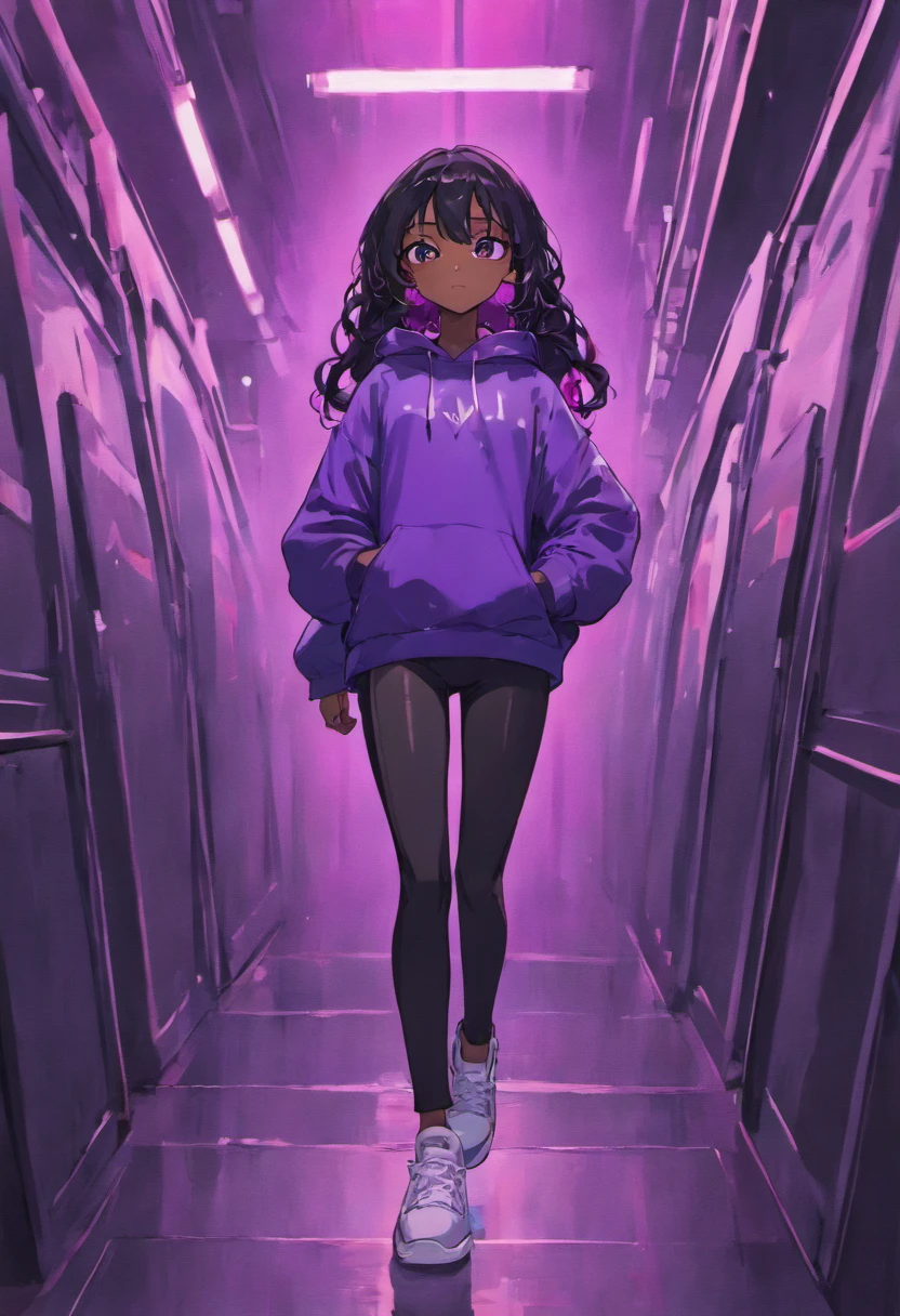 Dark-skinned girl with black long wavy hair, purple hoodie, black pants, white sneakers