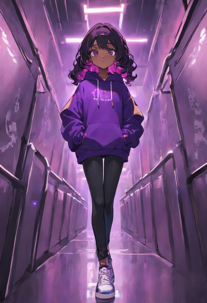 Dark-skinned girl with black long wavy hair, purple hoodie, black pants, white sneakers