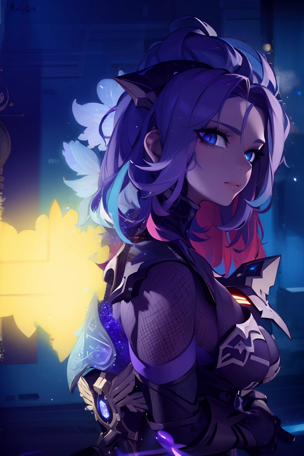 ((masterpiece)), (best quality), 8k, ultra-detailed, absurdress, mara sov, destiny 2, space, colorful background, blue eyes, colored skin,